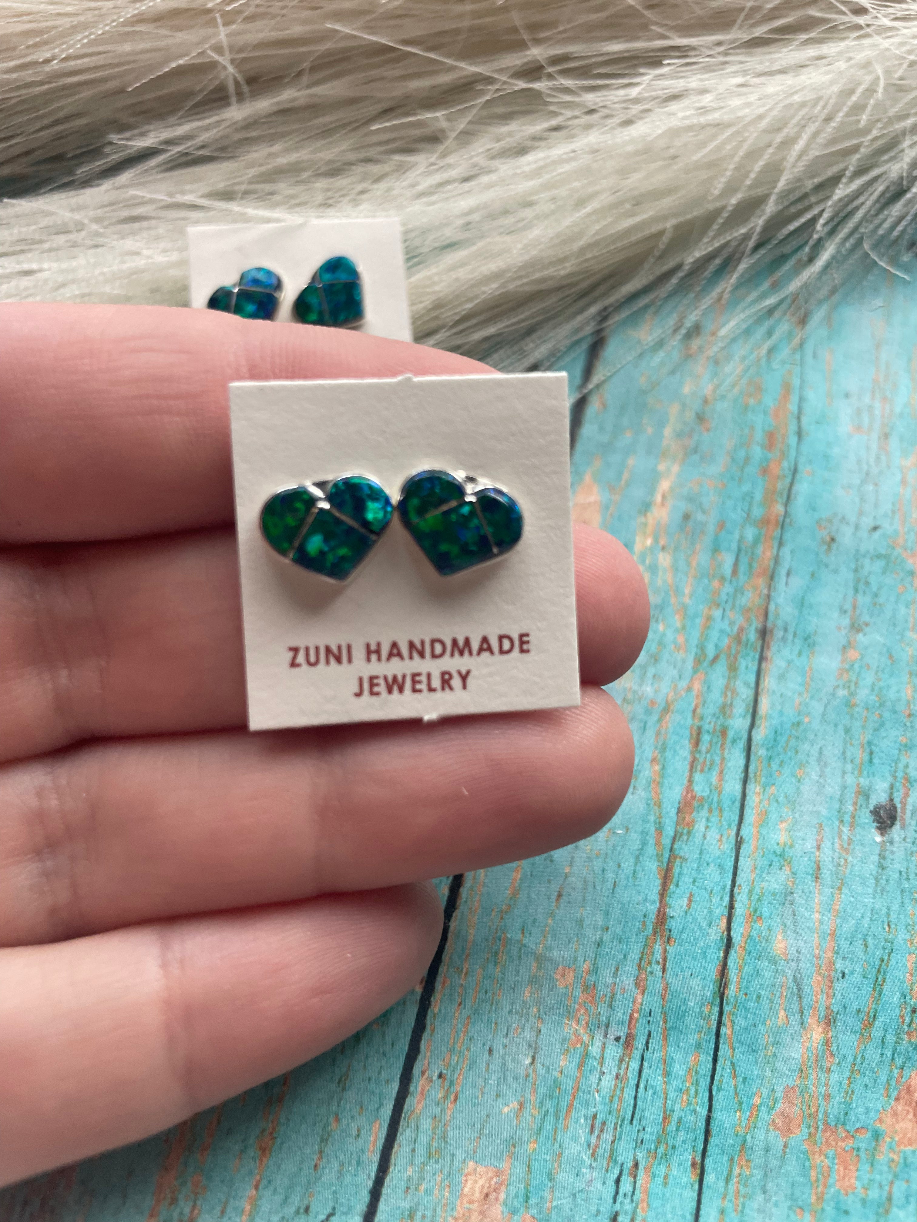 Zuni Sterling Silver & Dark Green Opal Inlay Heart Stud Earrings