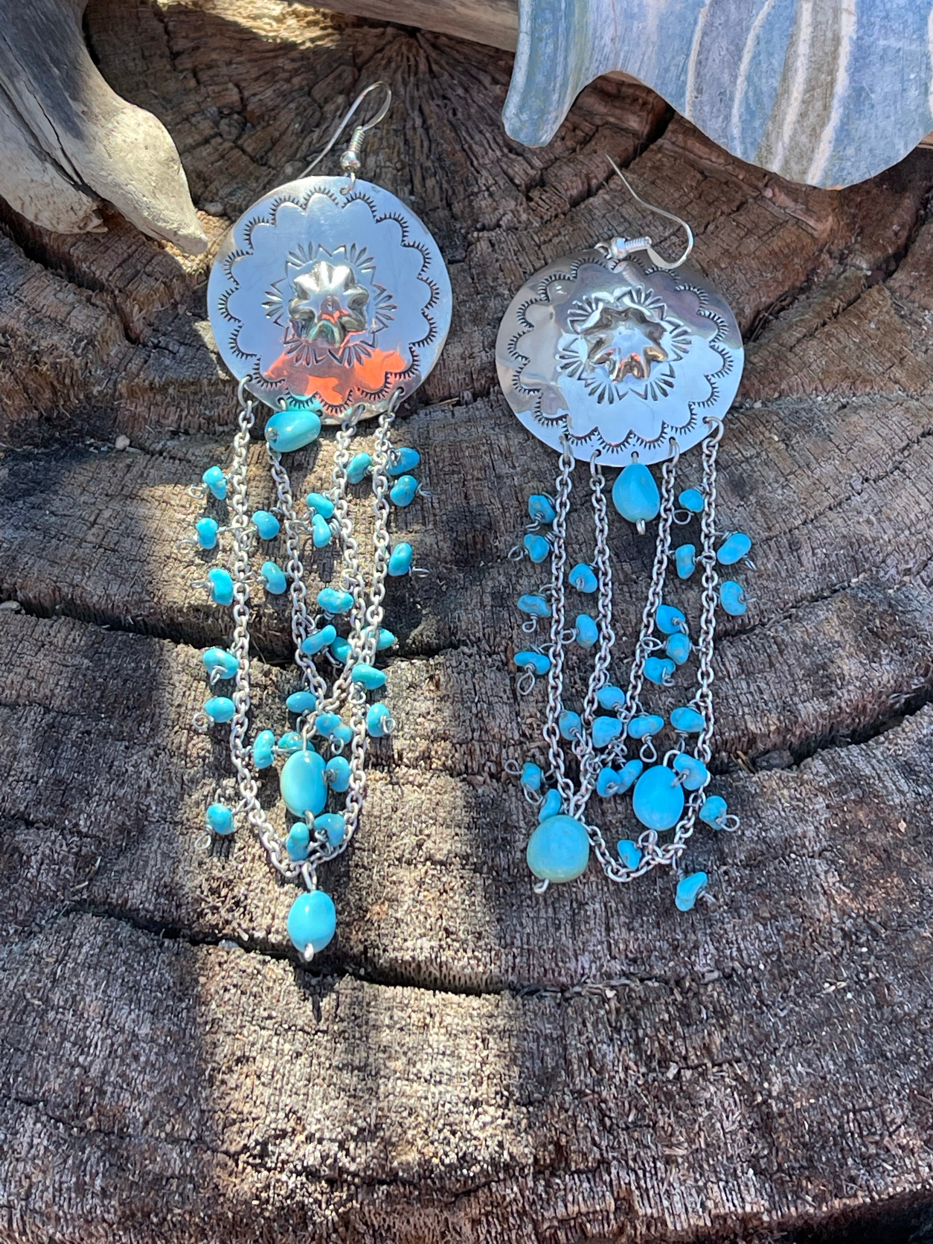 Sterling Silver Turquoise Concho Chain Dangle Earrings