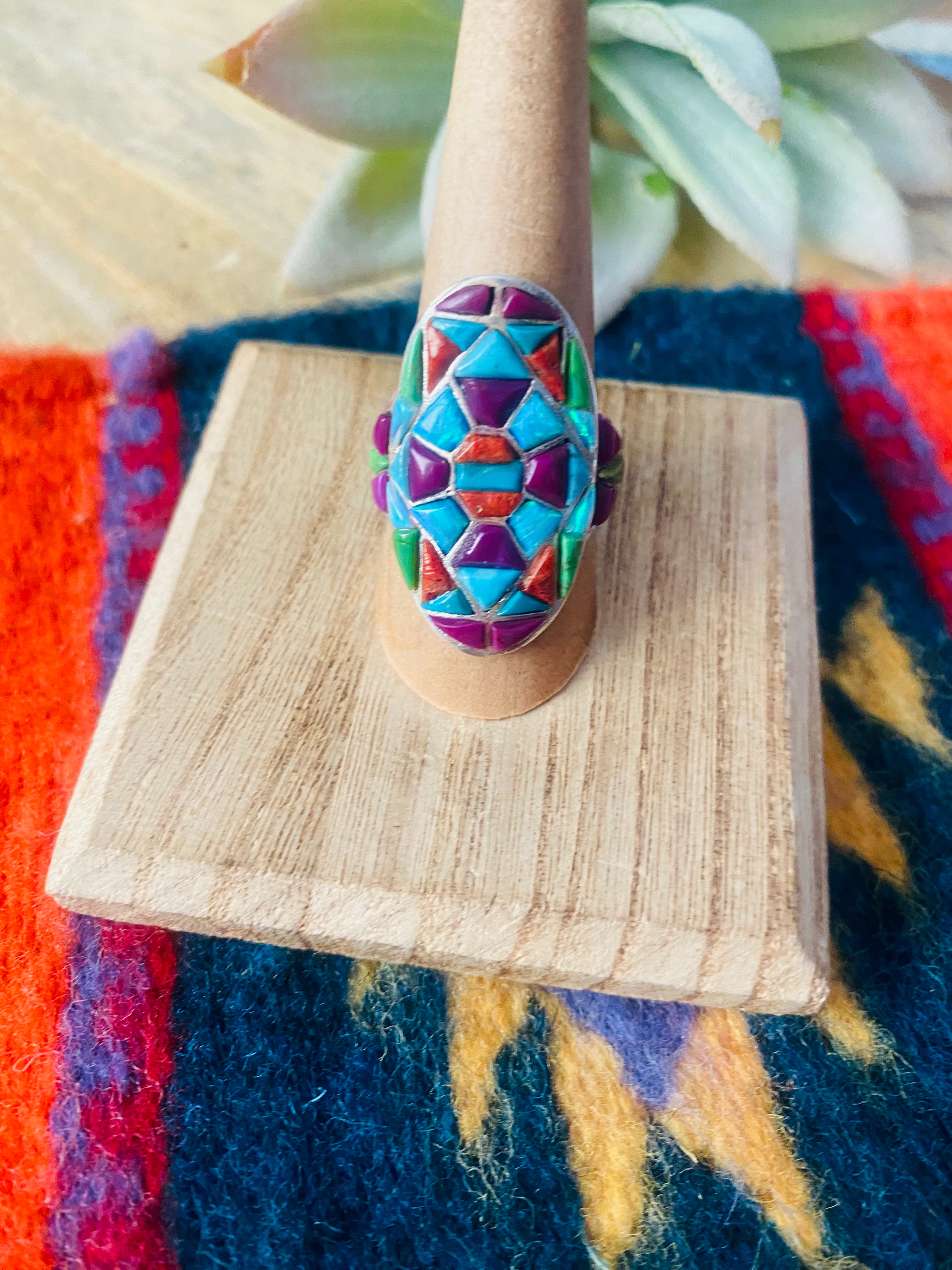 Handmade Sterling Silver & Multi Stone Inlay Ring Size 8.5