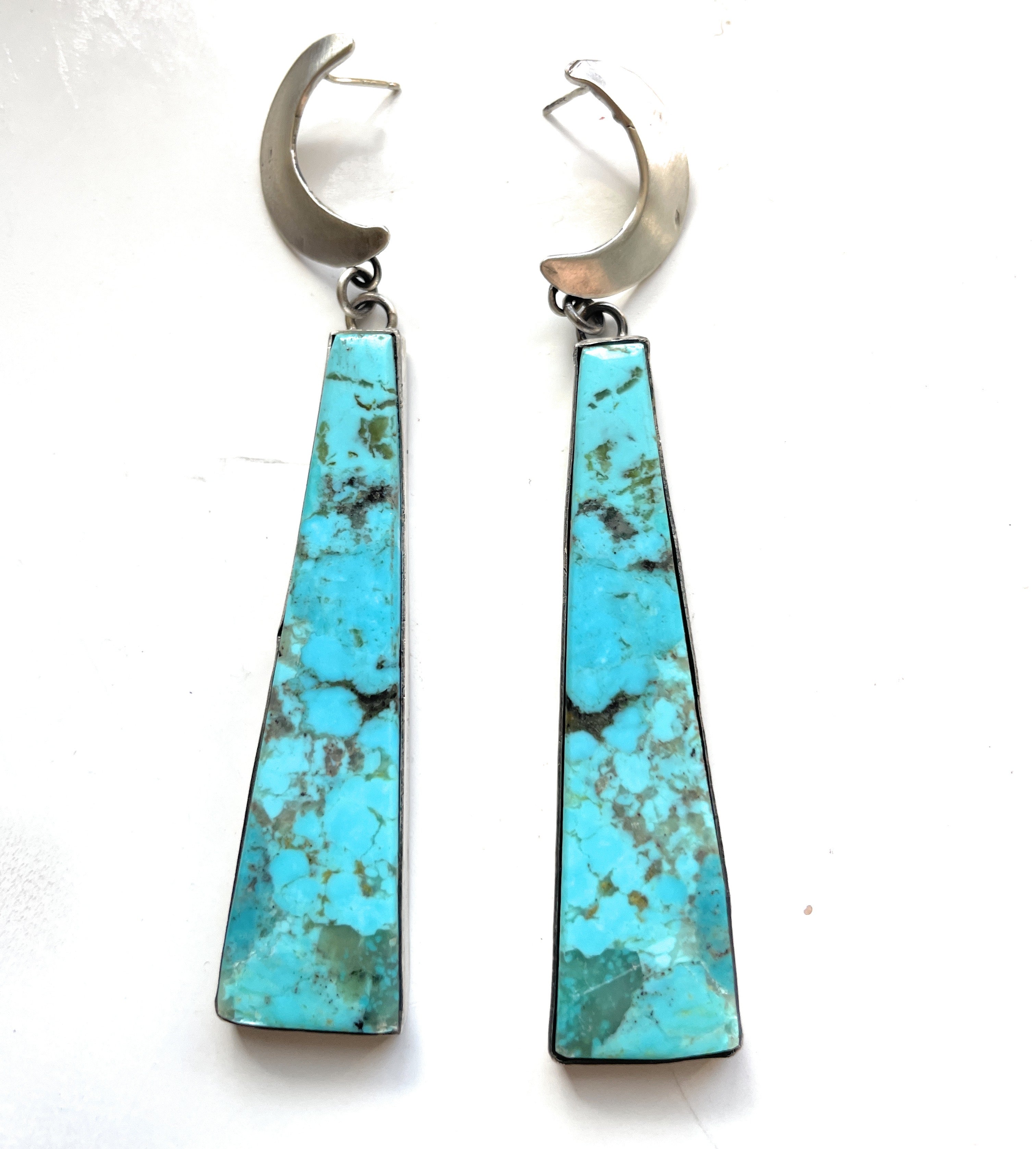 Handcrafted Turquoise & Sterling Silver Moon Slab Dangles Signed P Yazzie