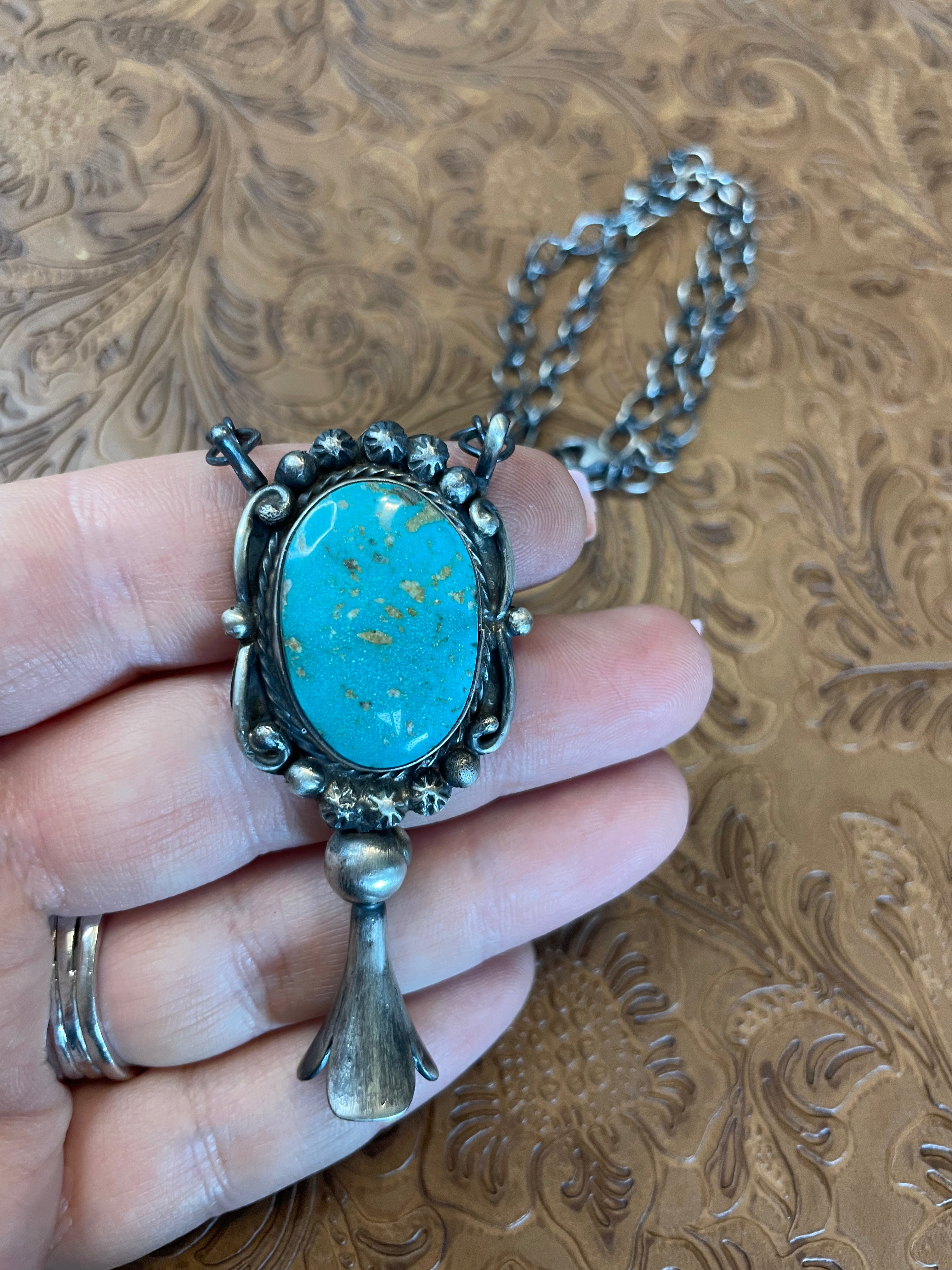 Navajo Sterling Silver And Turquoise Blossom Necklace Signed