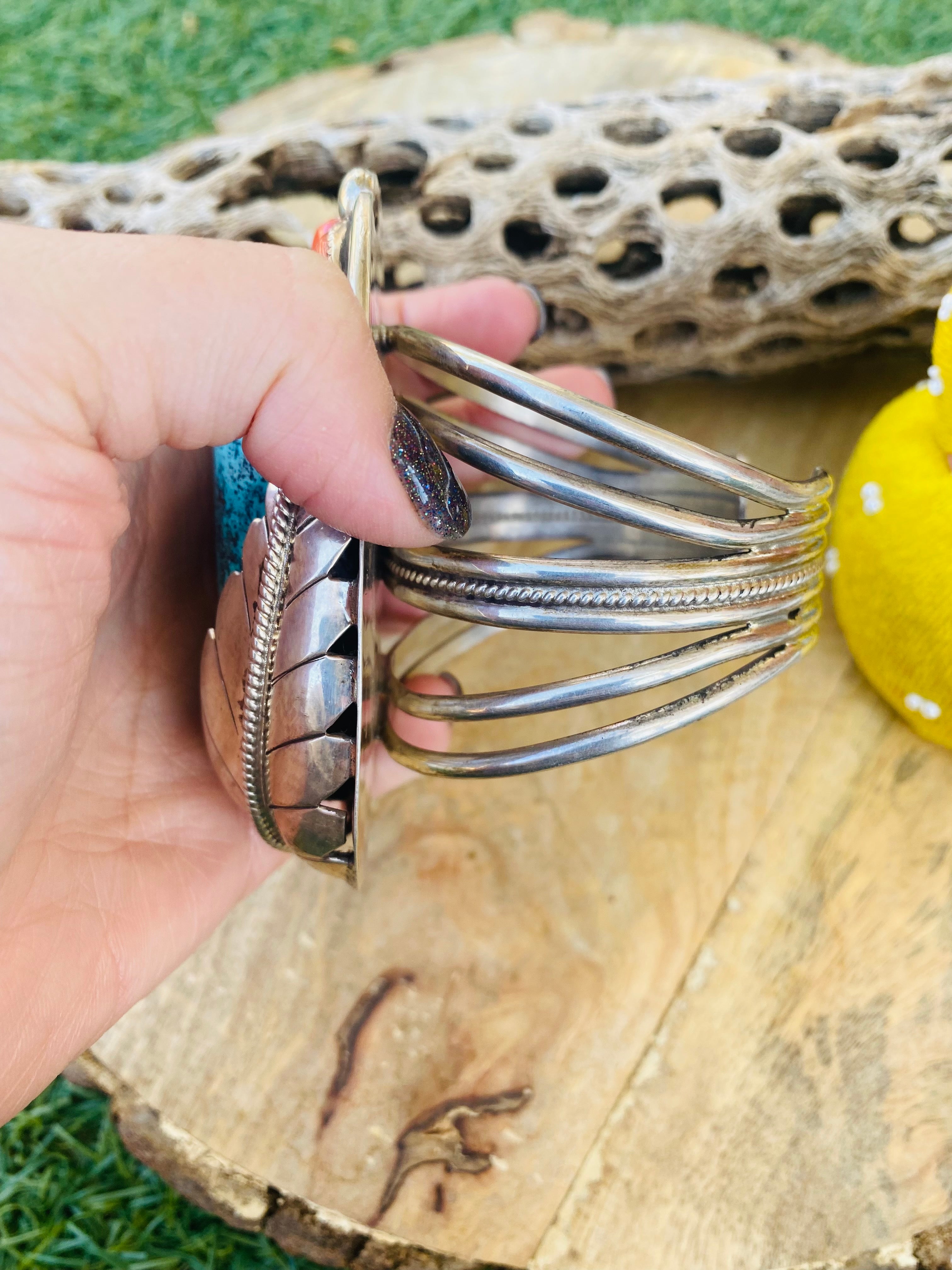 Handcrafted Incredible Bisbee Turquoise, Coral & Sterling Silver Jumbo Cuff Bracelet /