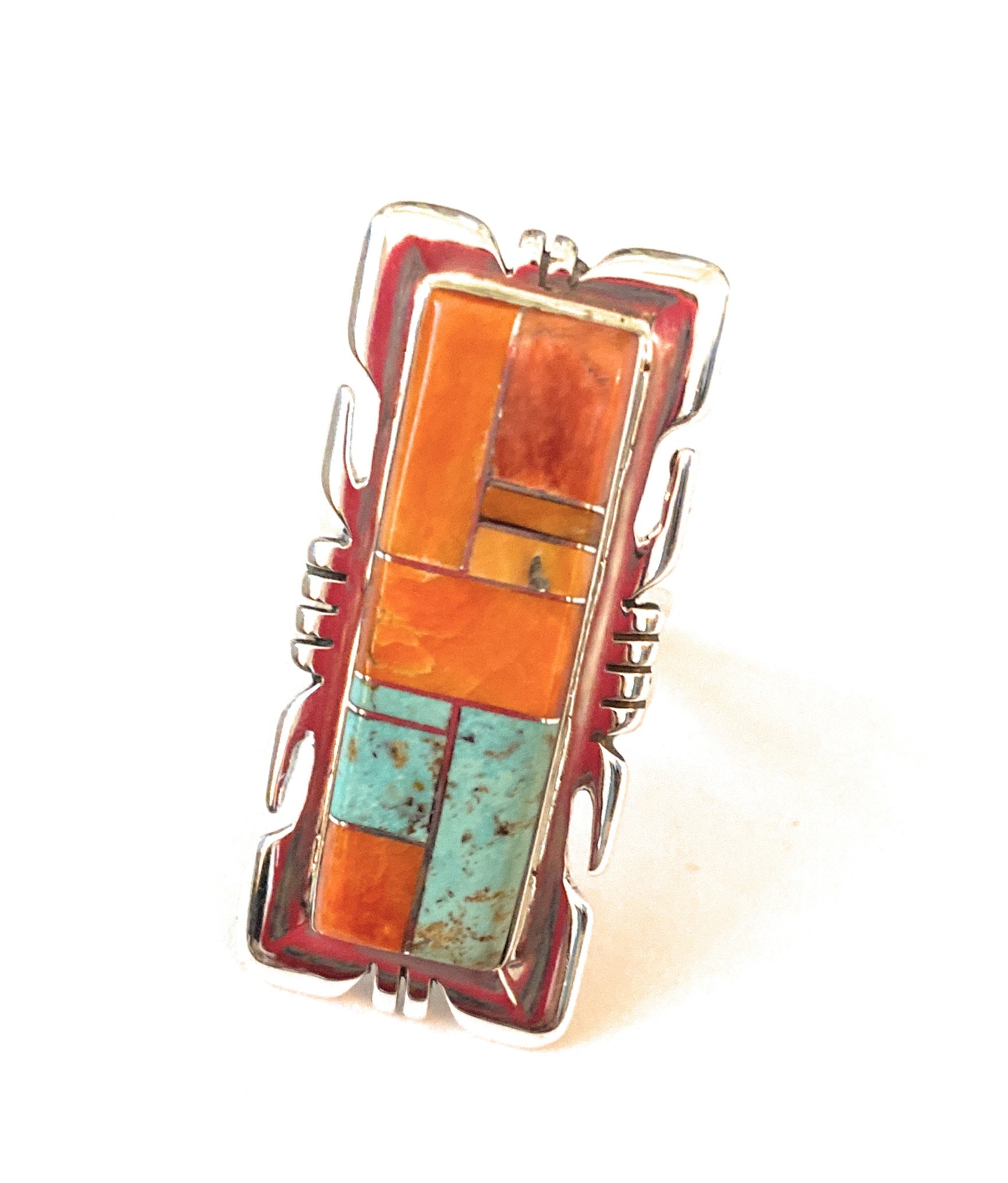 Navajo Sterling Silver, Orange Spiny & Turquoise Inlay Ring Size 6.5