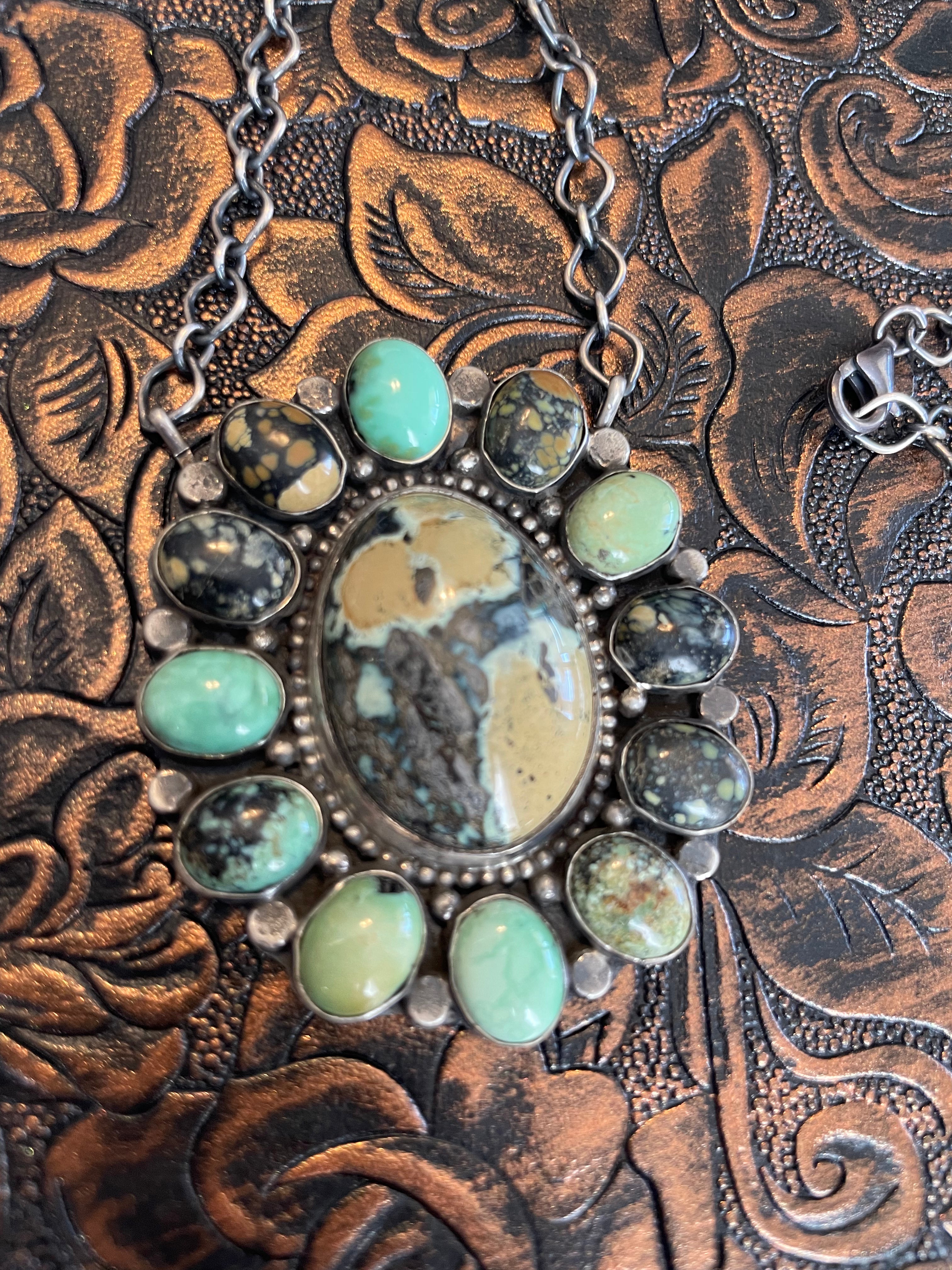 Navajo Royston & Carico Turquoise & Sterling Silver Cluster Necklace by Sheila Becenti