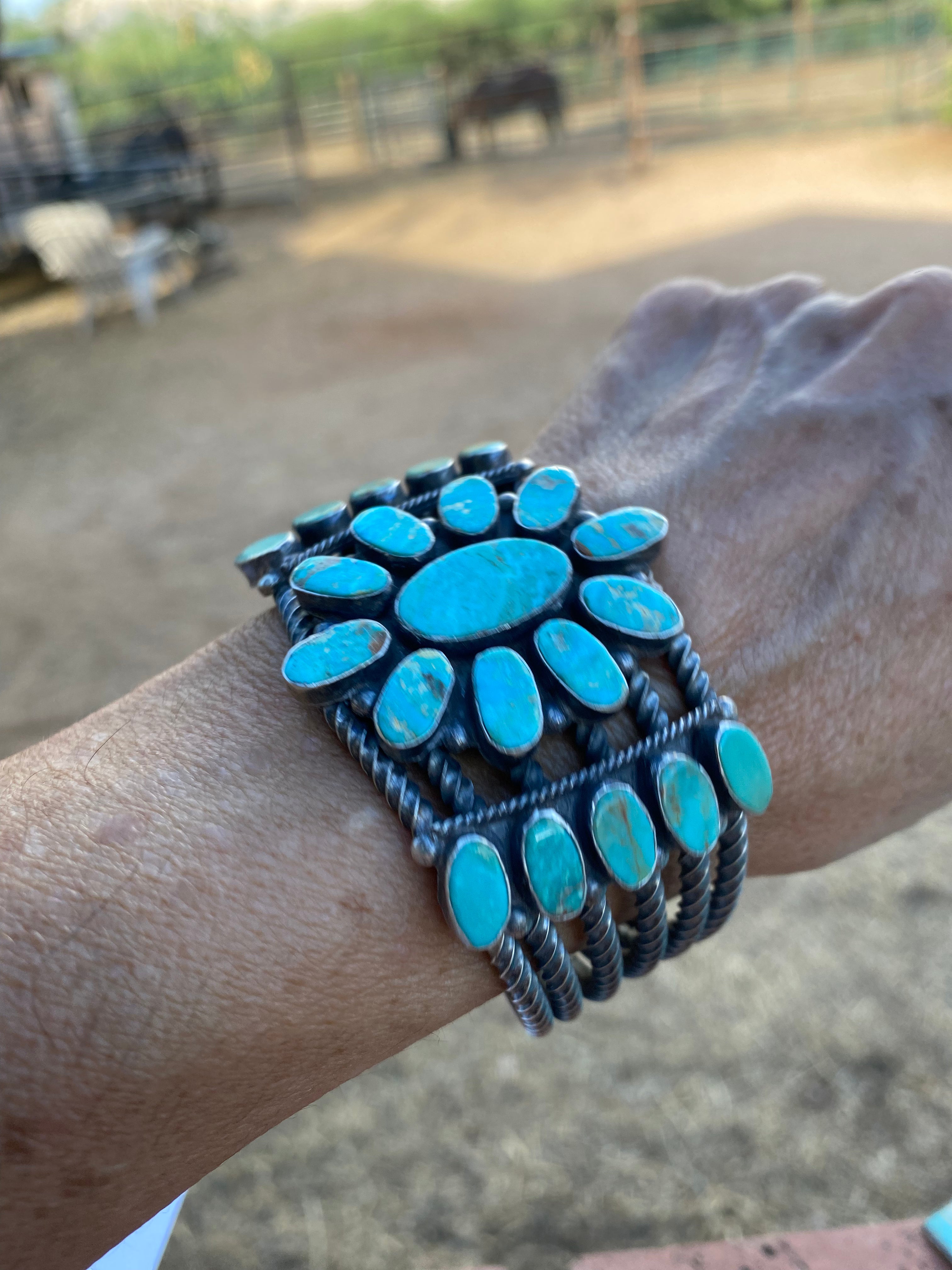 Navajo Jacqueline Silver Royston Turquoise & Sterling Cluster Cuff /