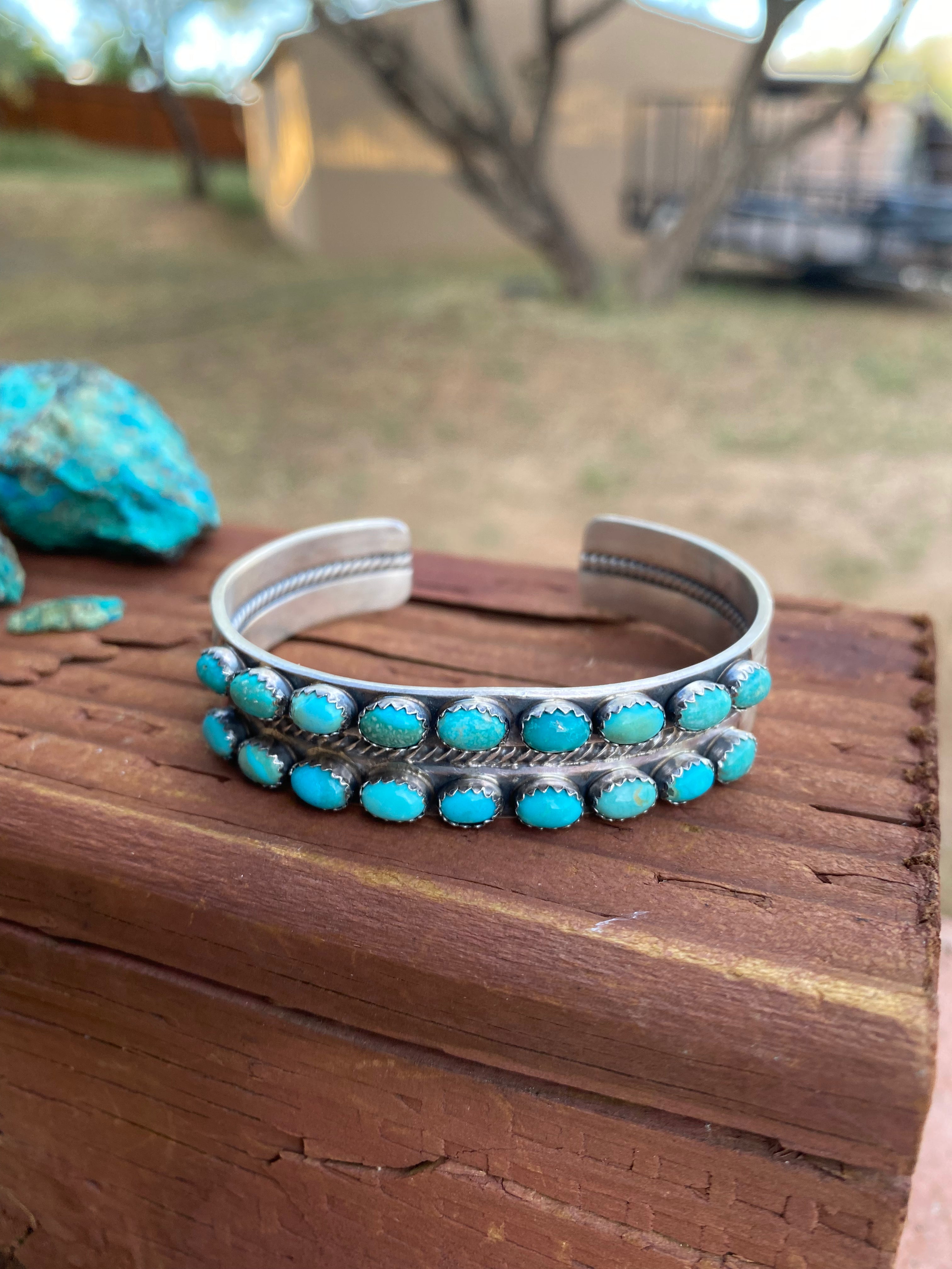 Paul Livingston Sterling Silver Snake Eye Carico Lake Turquoise 2 Row Cuff