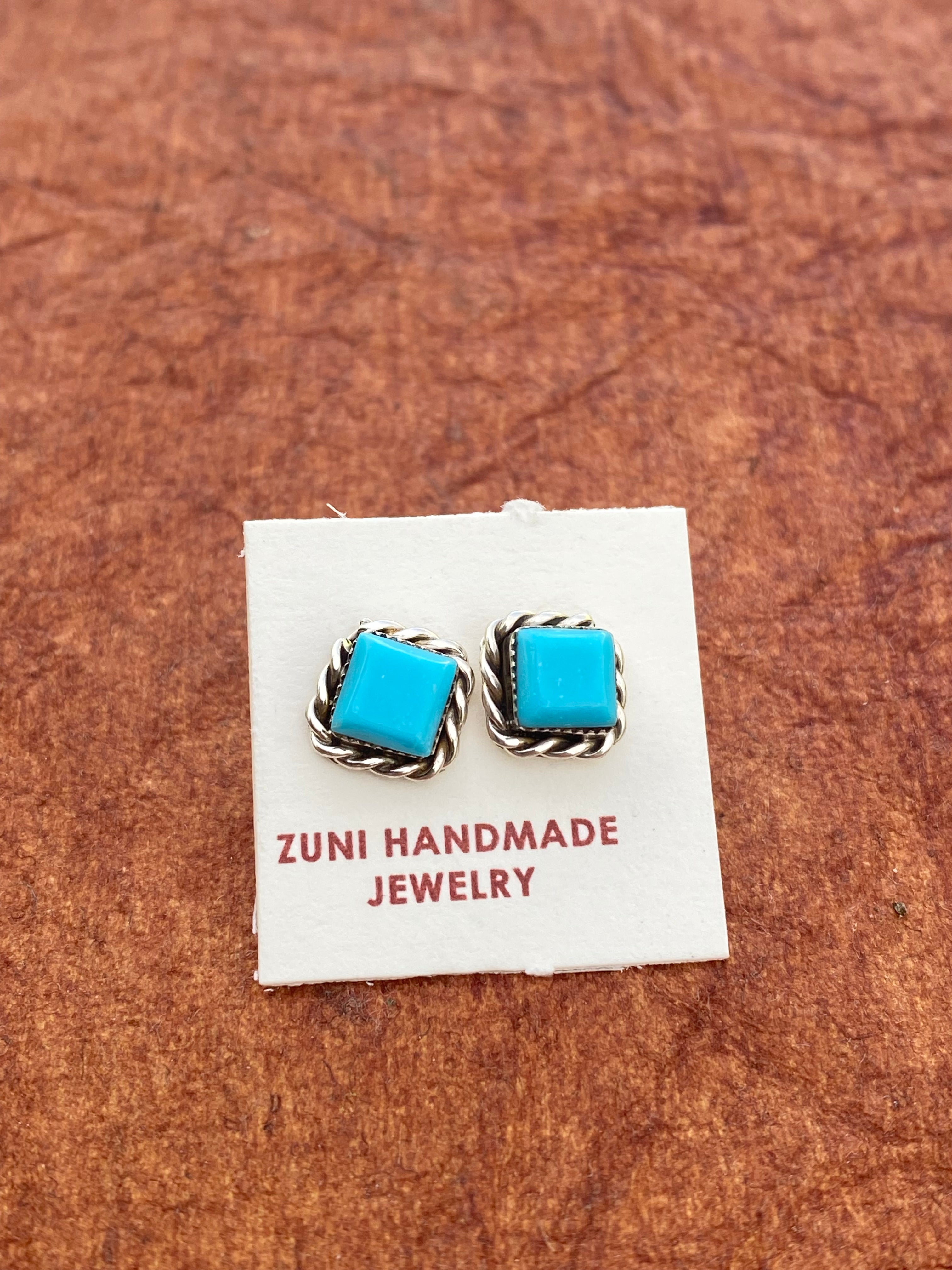 Handcrafted Sterling Silver Kingman Turquoise Square Stud Earrings