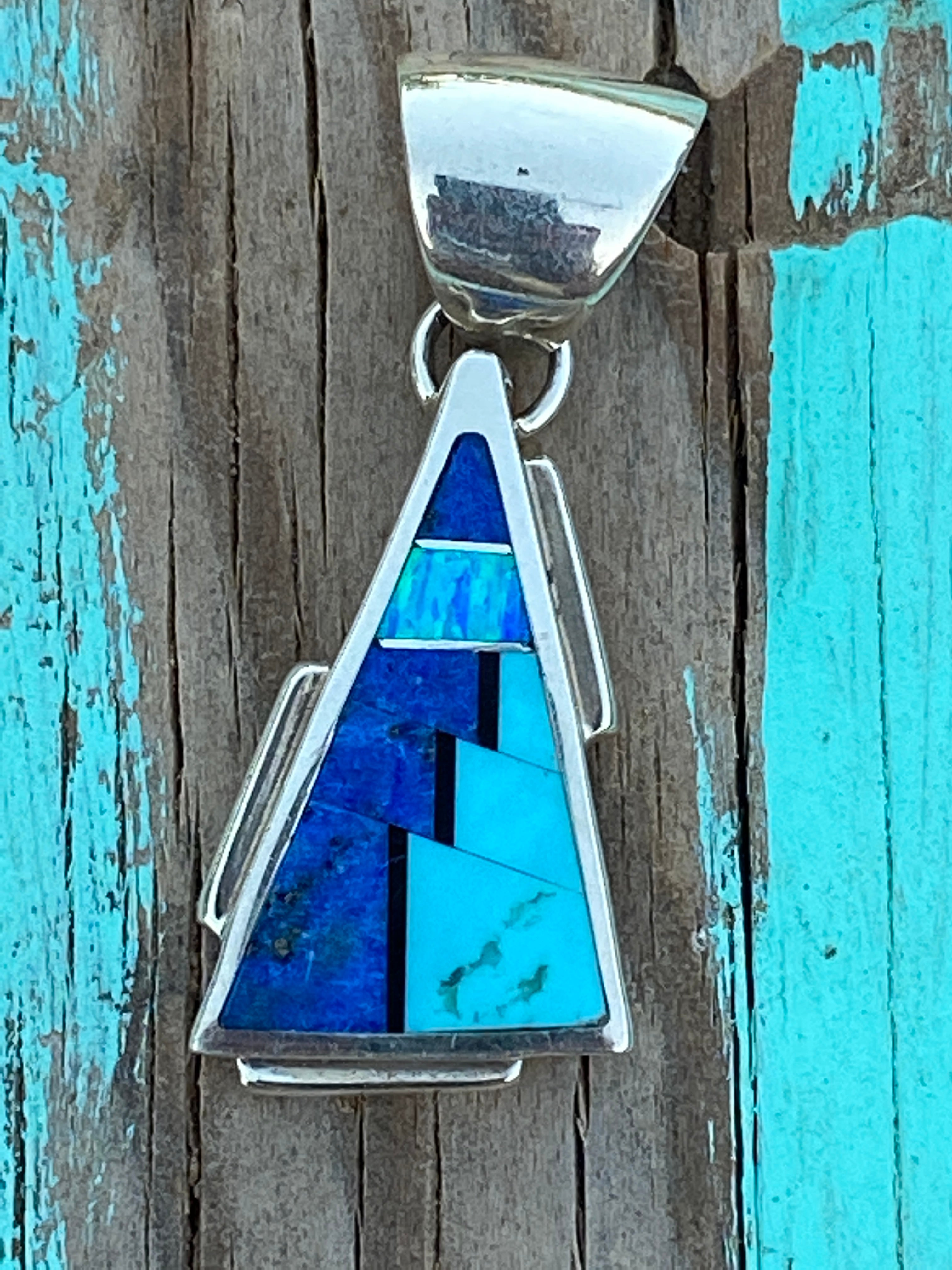 Handcrafted Lapis, Turquoise, Blue Opal Triangle Pendant 1.5”