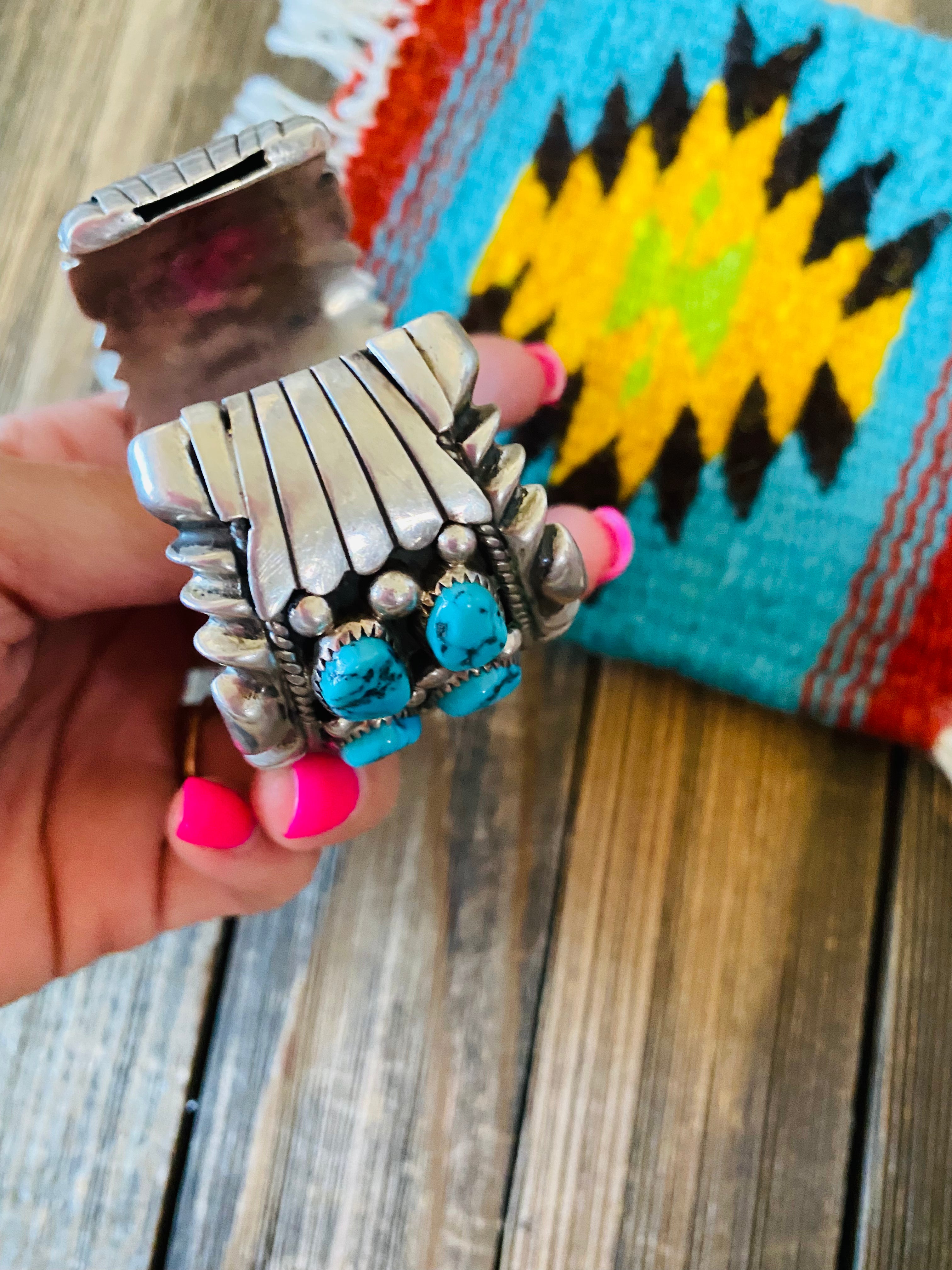 Old Pawn Vintage Kingman Turquoise & Sterling Silver Watch Cuff /