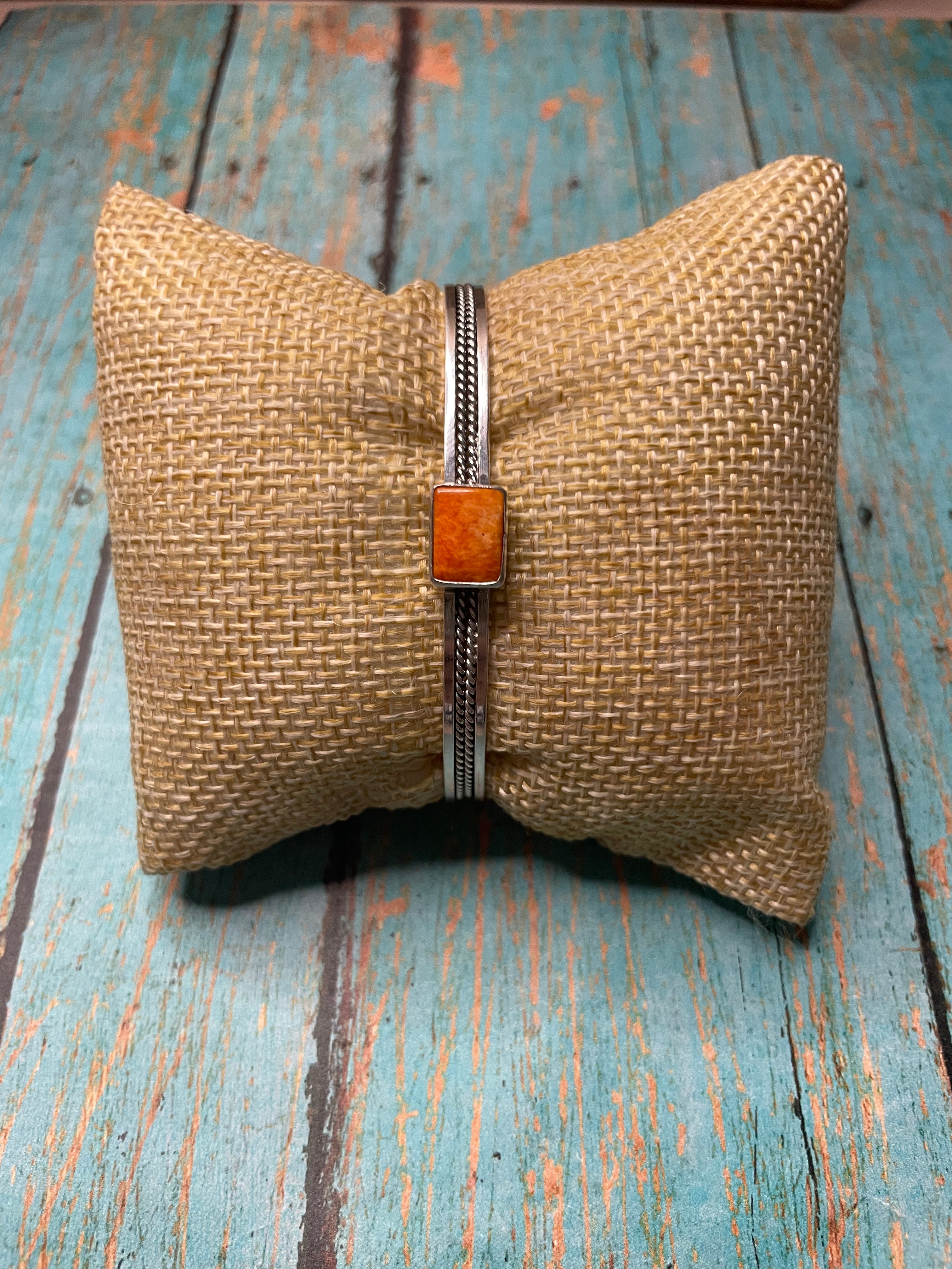 Handcrafted Orange Spiny & Sterling Silver Adjustable Cuff Bracelet