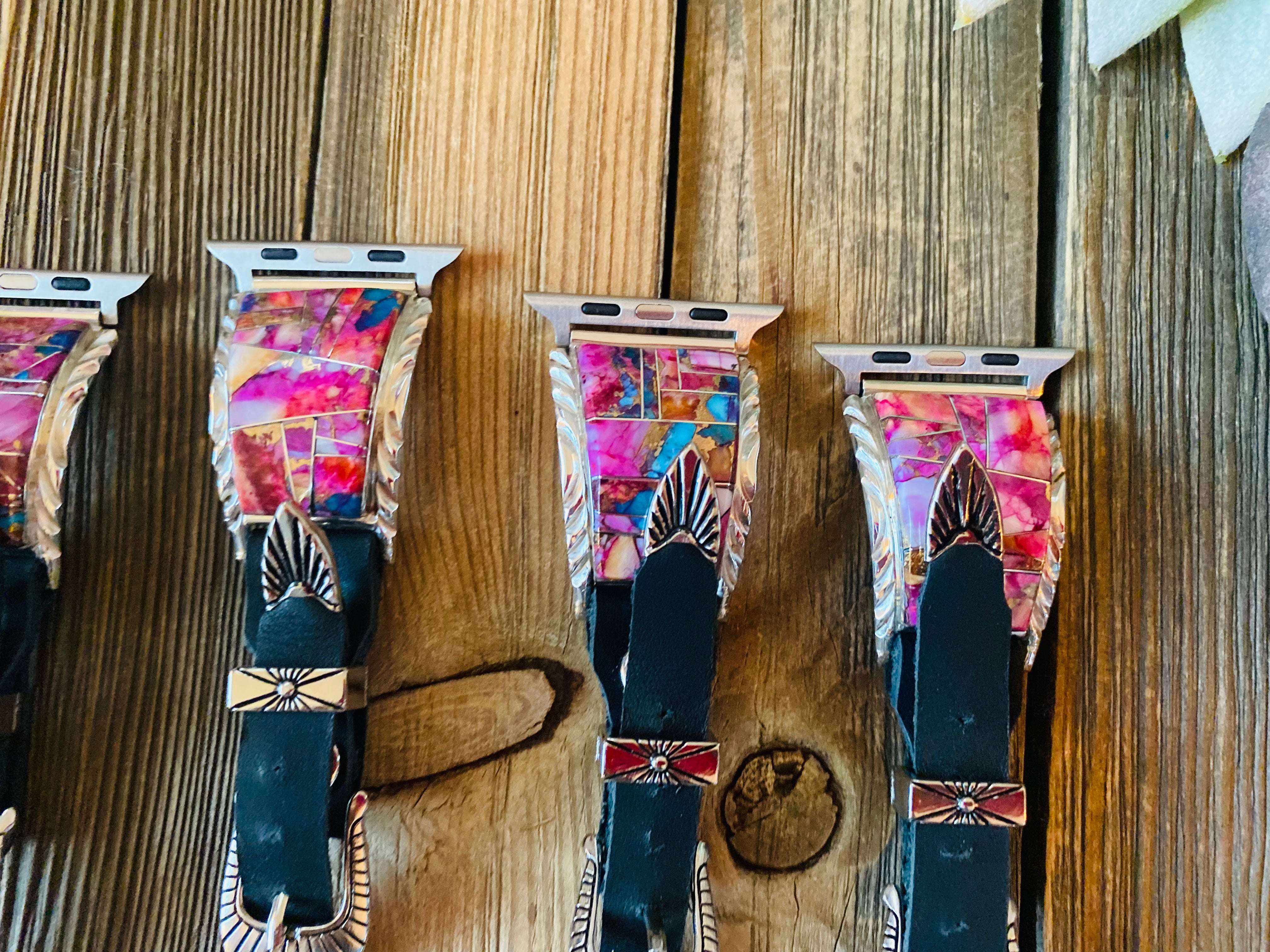 Navajo Pink Dream Mohave, Sterling Silver & Black Leather Smartphone Watch Band