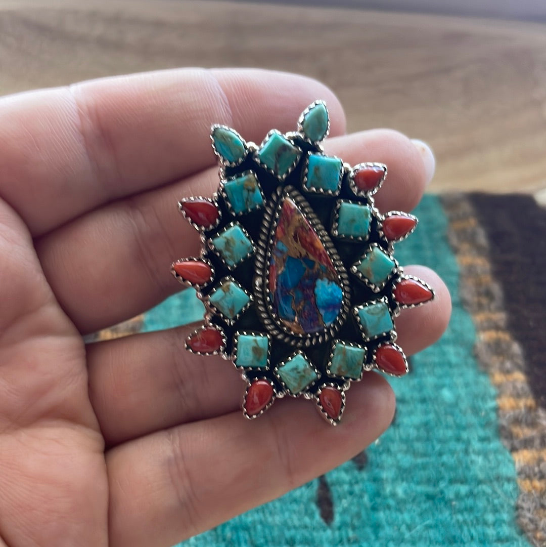 Handmade Sterling Silver Pink Dream, Natural Coral & Turquoise Cluster Adjustable Ring Signed Nizhoni