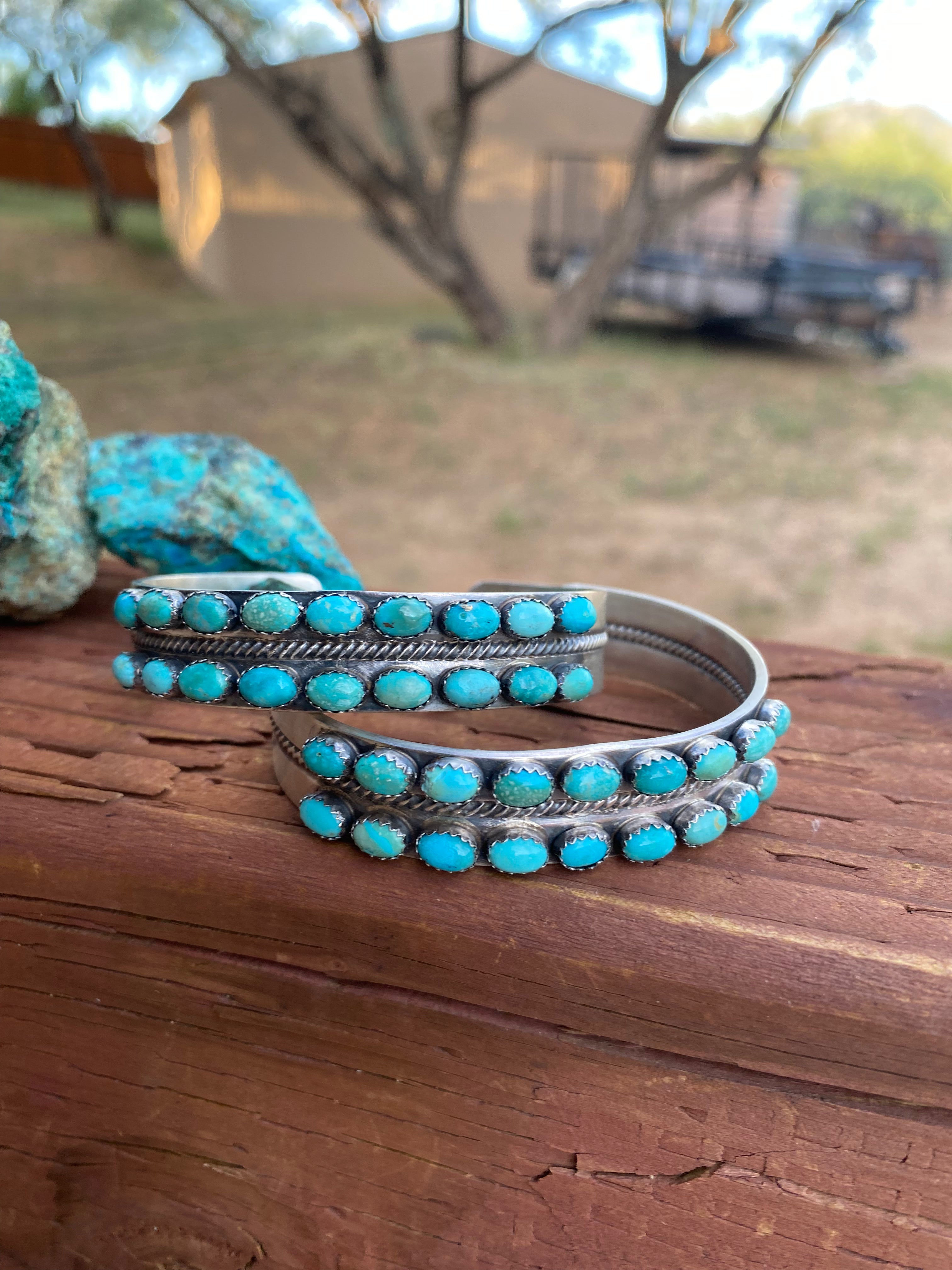 Paul Livingston Sterling Silver Snake Eye Carico Lake Turquoise 2 Row Cuff