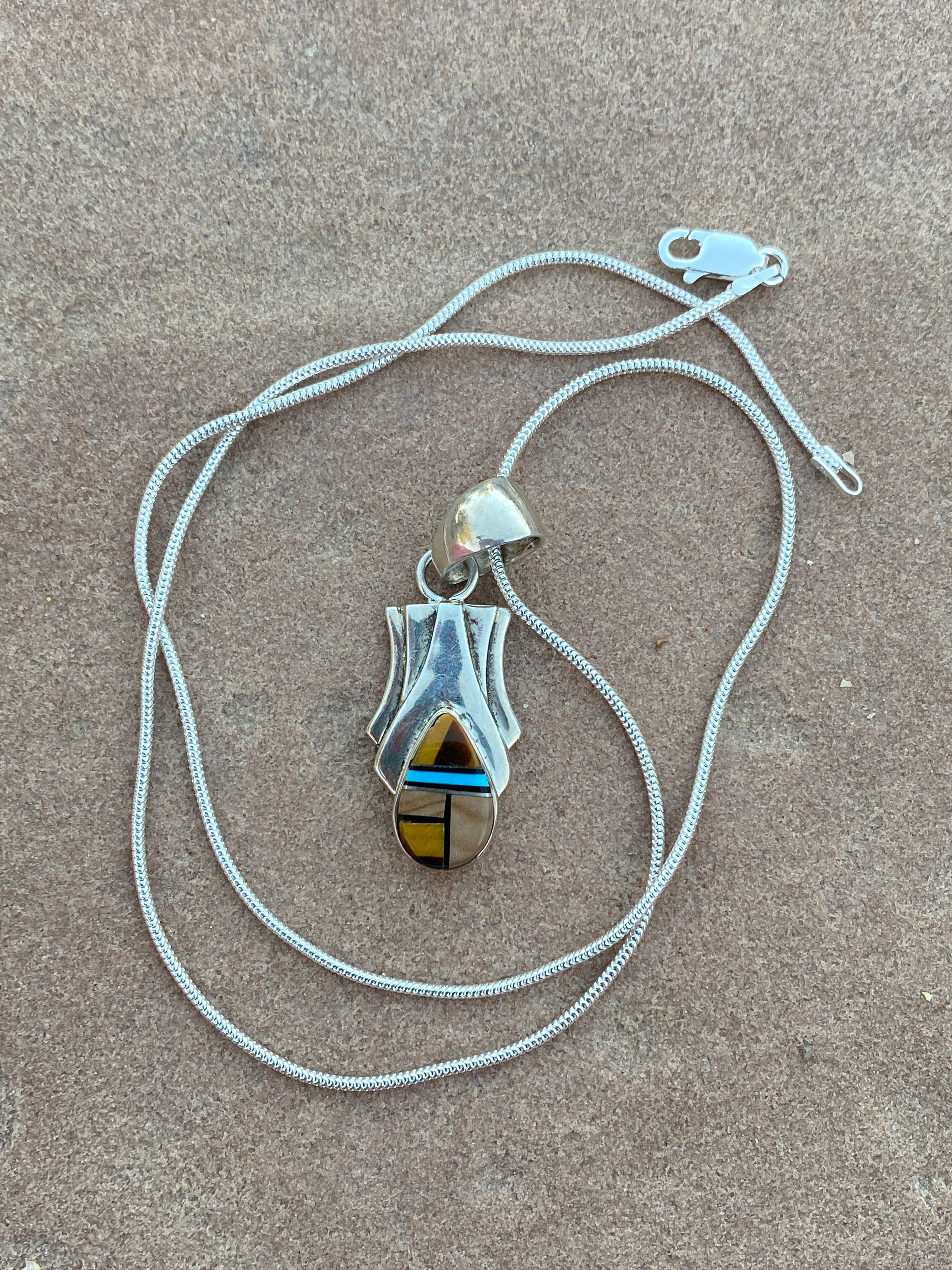 Handcrafted Turquoise, Onyx, Petrified Wood Pendant