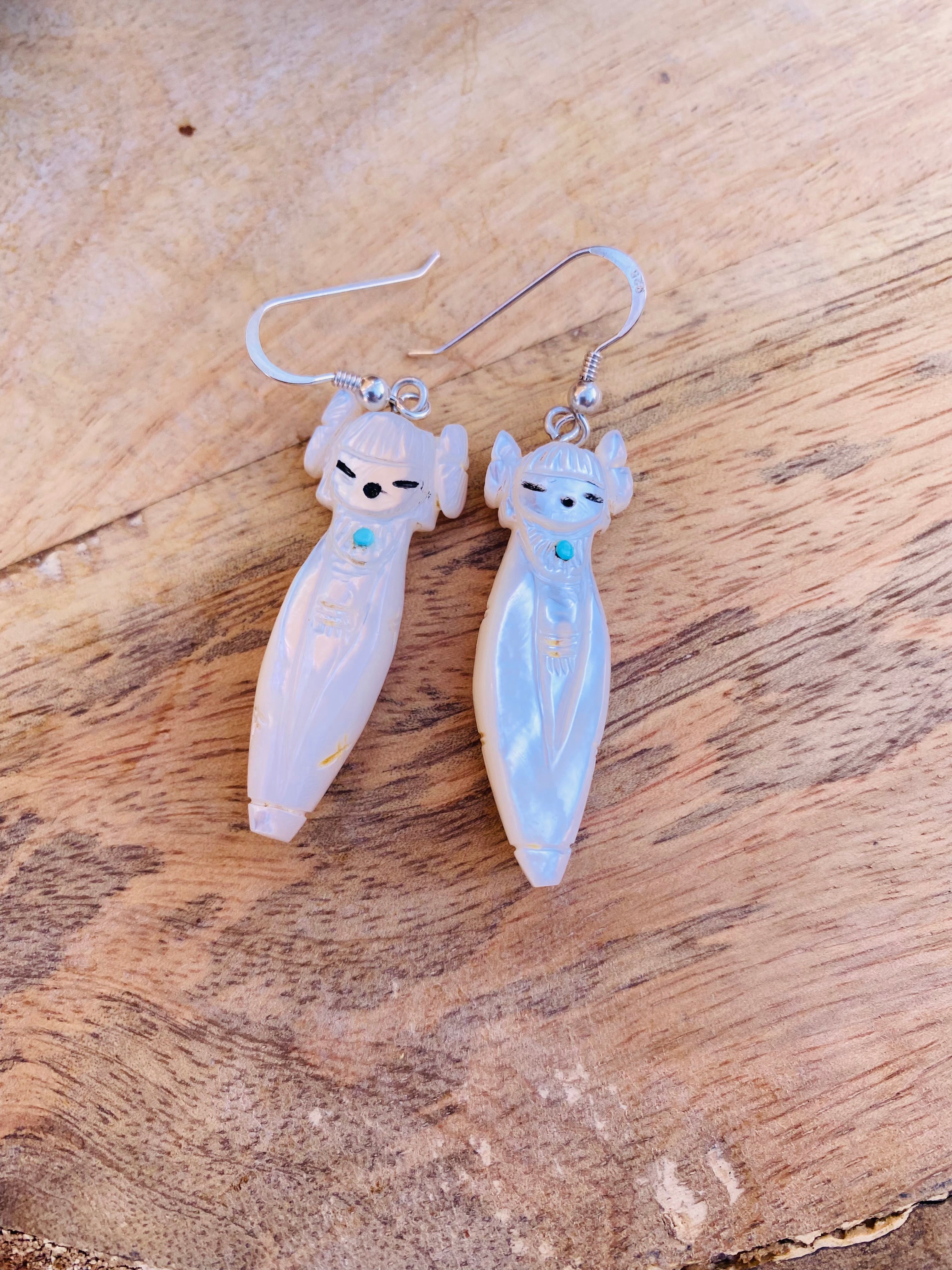 Vintage Handcrafted Hand Carved Mother of Pearl Corn Maiden Fetish Earrings