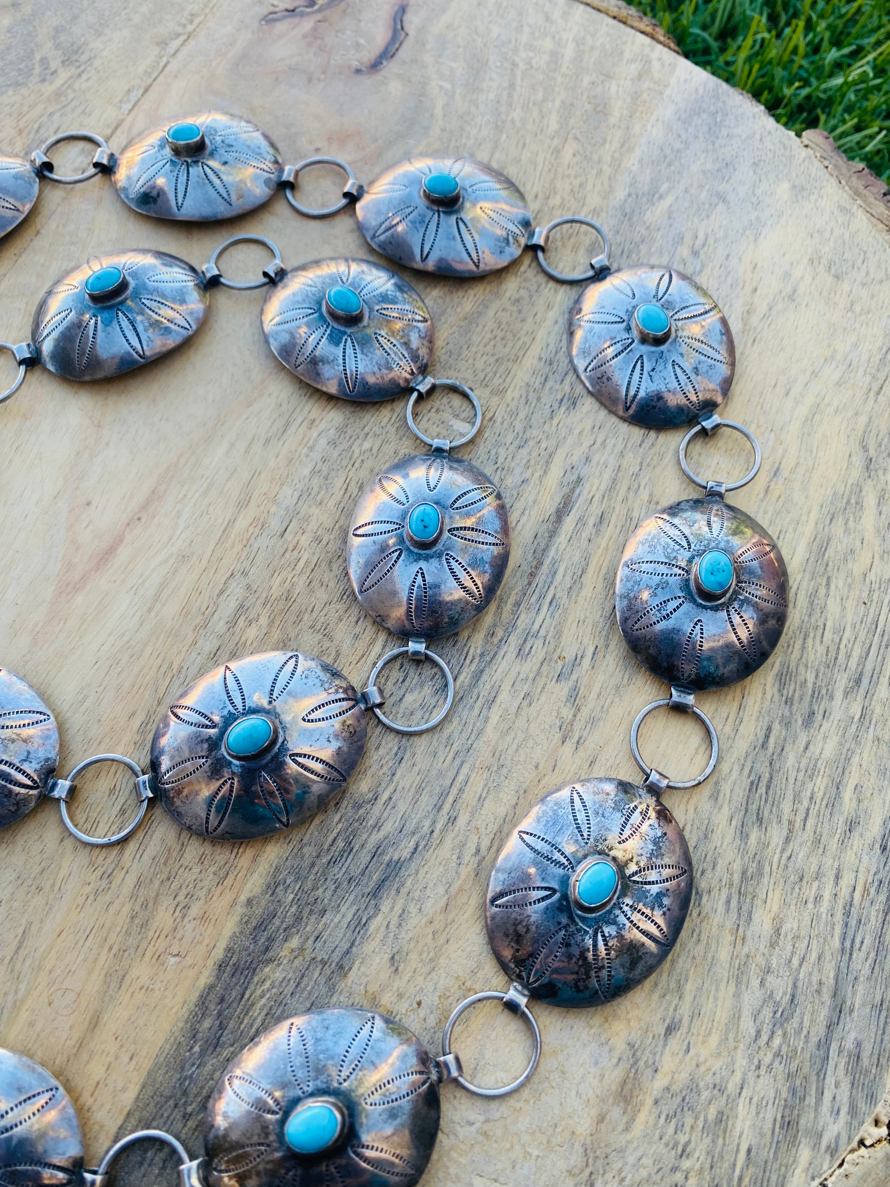 Handcrafted Vintage Turquoise & Sterling Silver Concho Belt