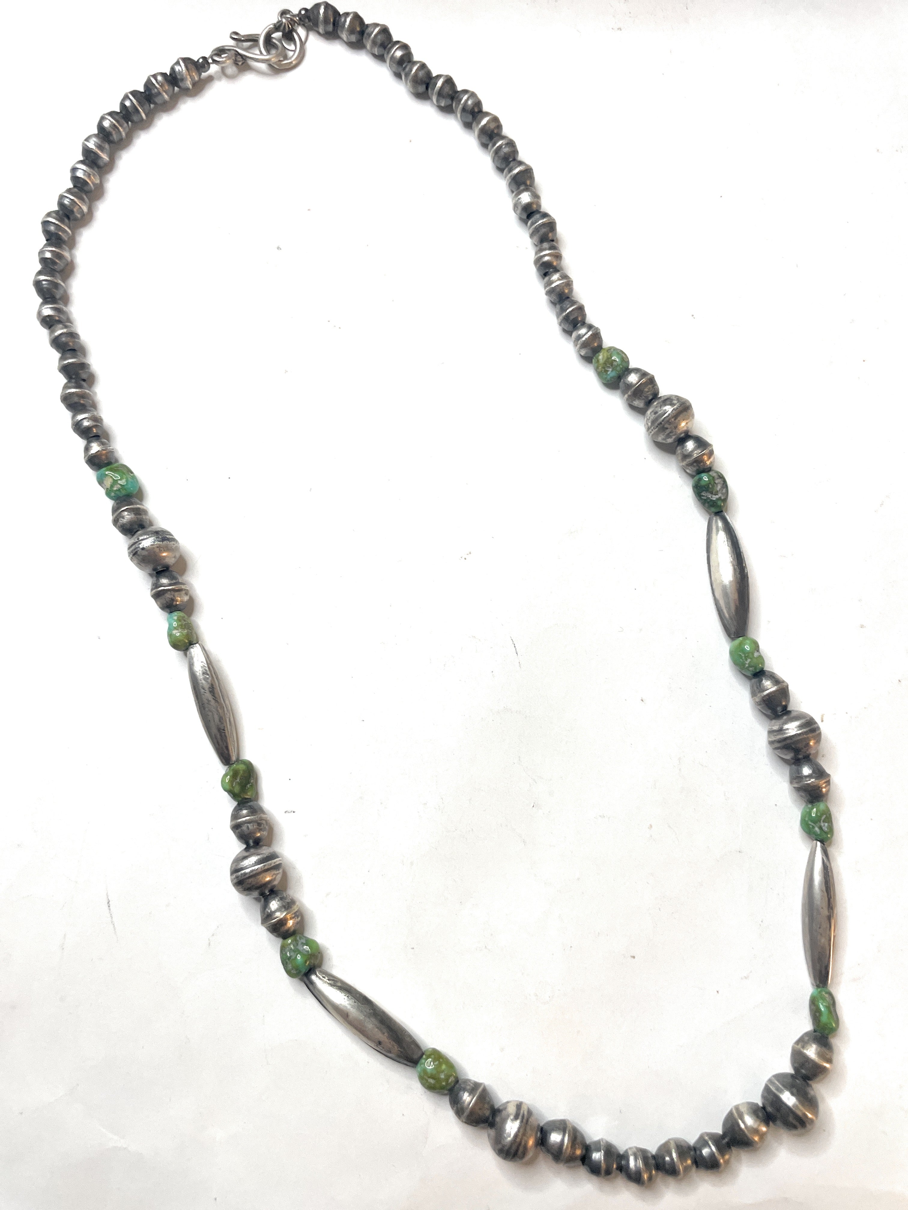 Handcrafted Sonoran Gold Turquoise And Sterling Silver Beaded Necklace 24”