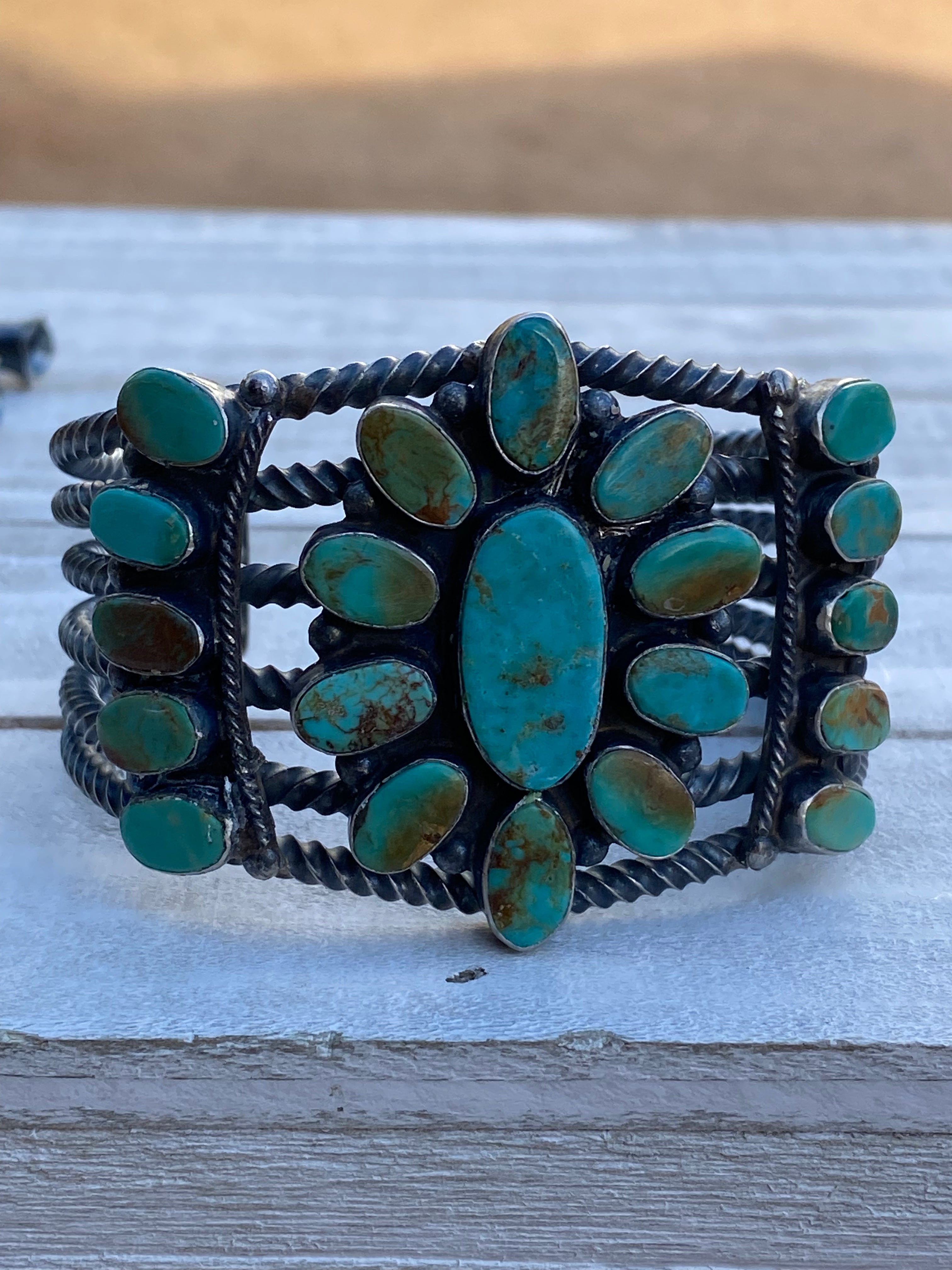 Navajo Jacqueline Silver Royston Turquoise & Sterling Cluster Cuff /