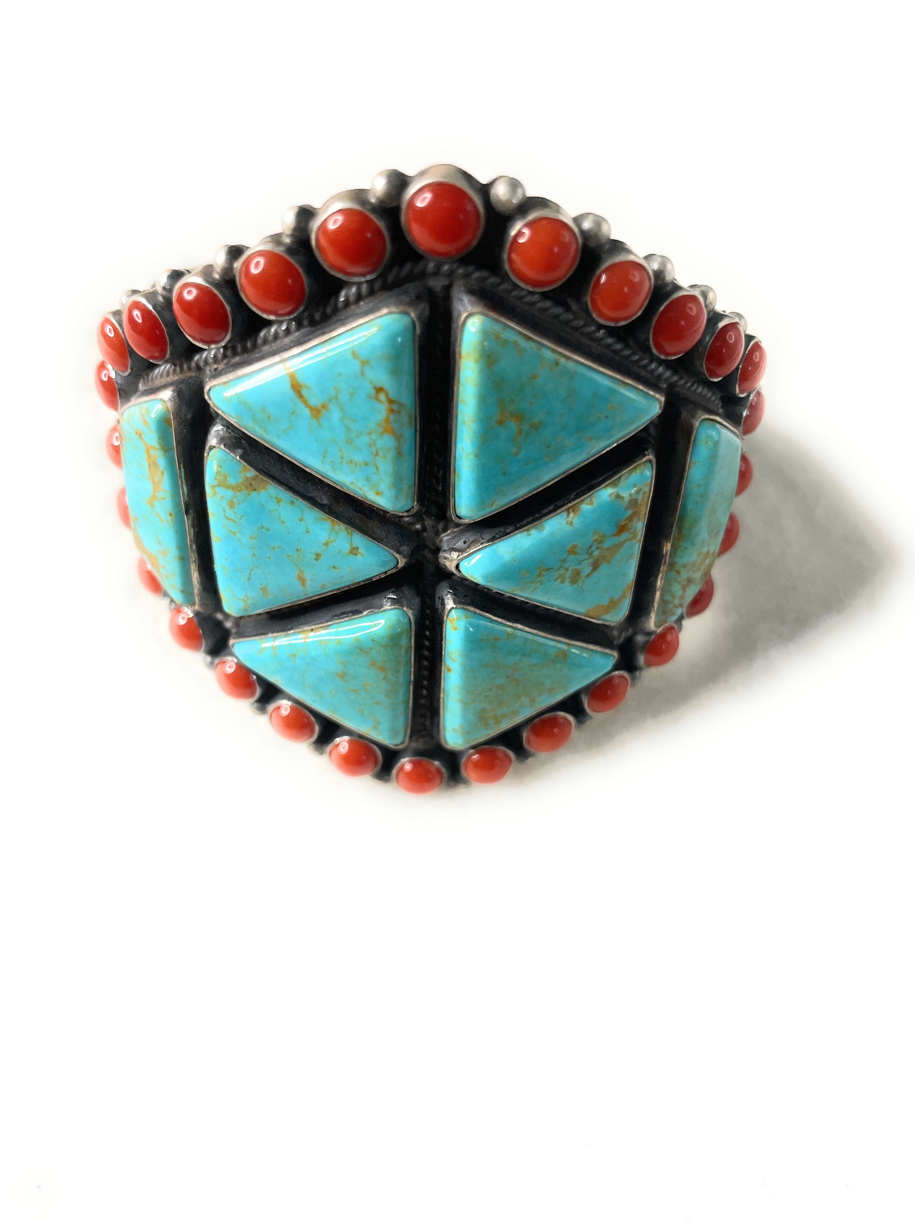 Anthony Skeets Handcrafted Turquoise, Coral & Sterling Silver Cuff Bracelet Signed /