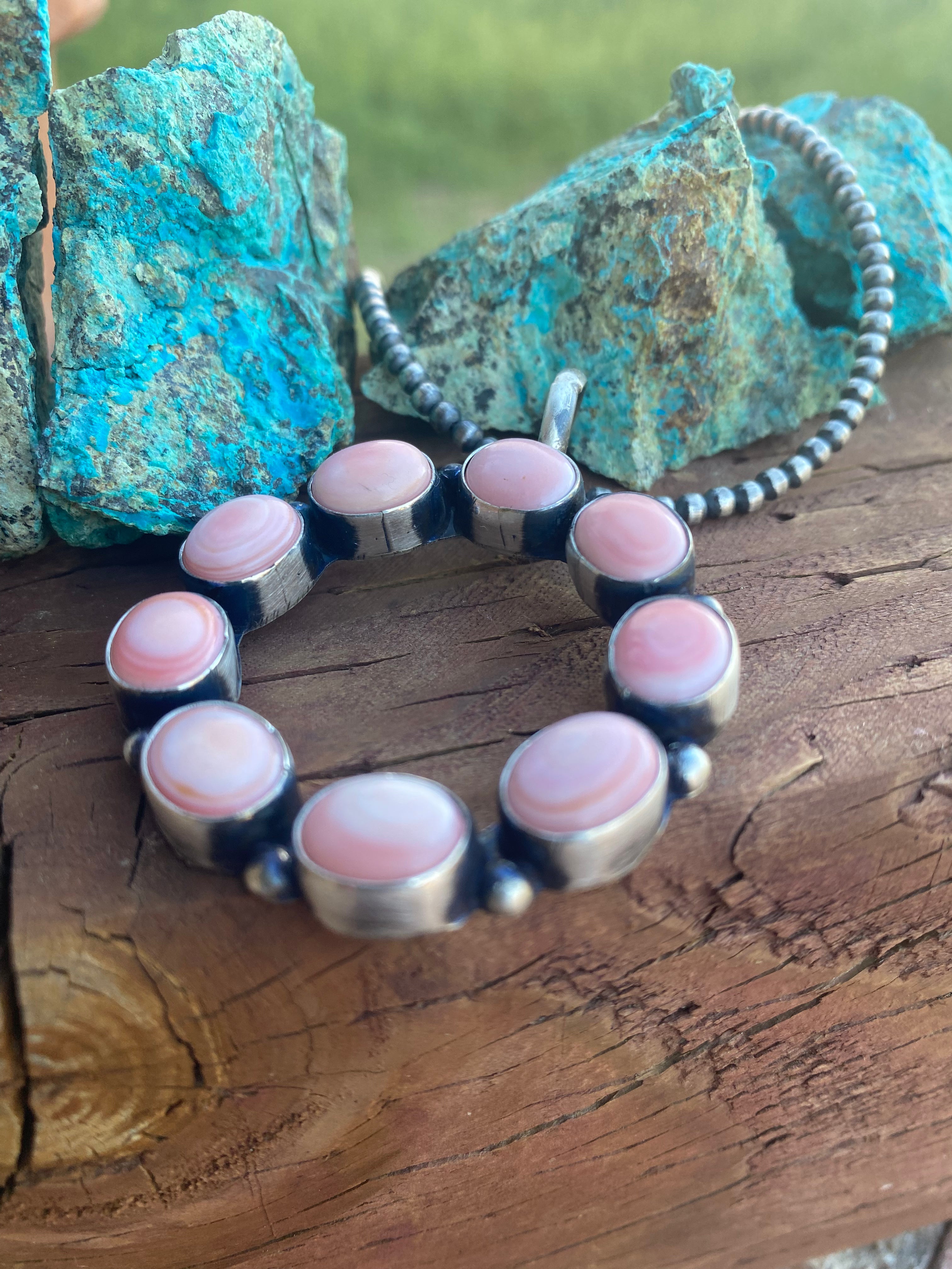 Handcrafted Round Queen Pink Conch & Sterling Silver Pendant Signed