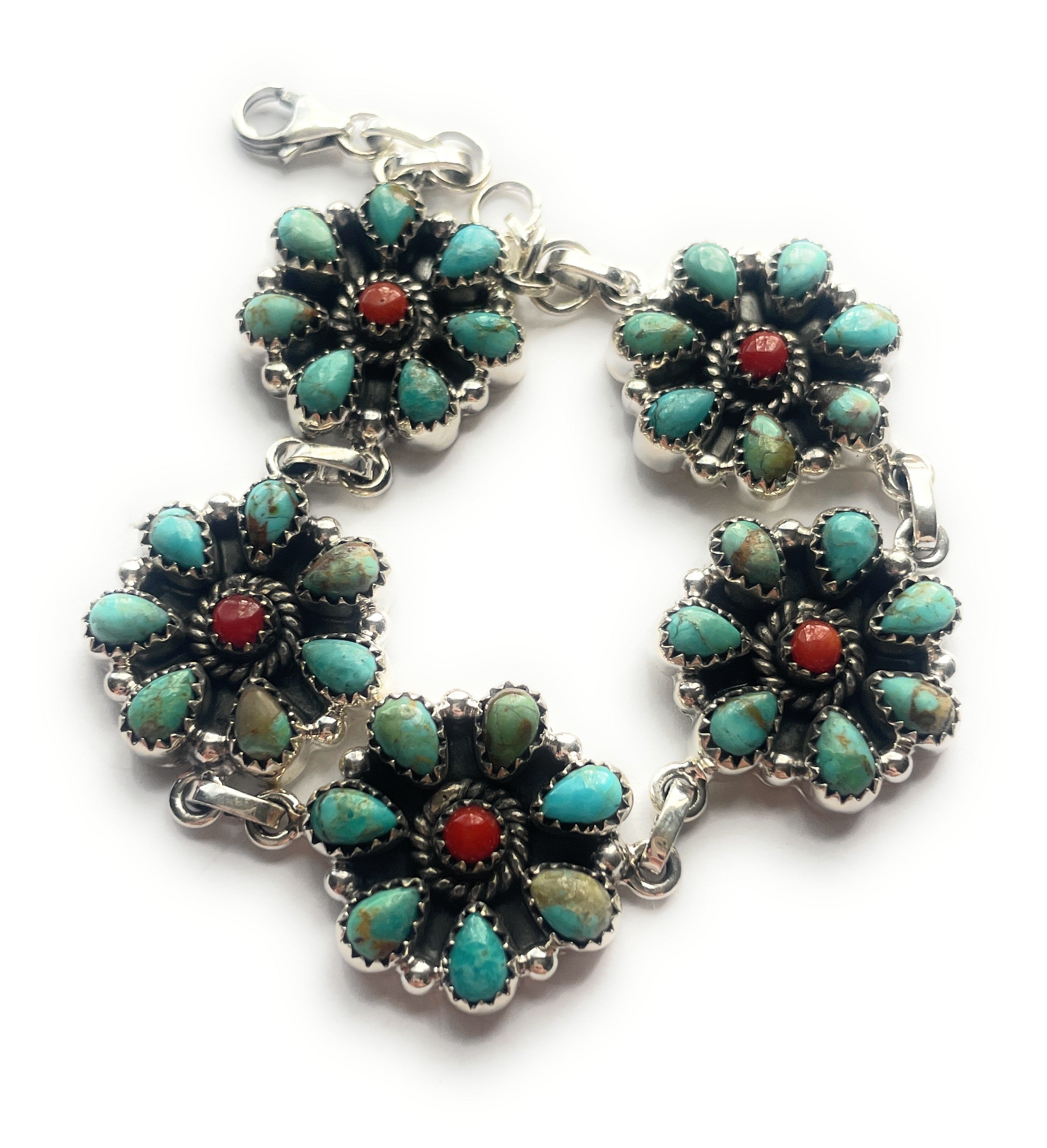 Handmade Sterling Silver Turquoise, & Coral Cluster Bracelet Signed Nizhonil
