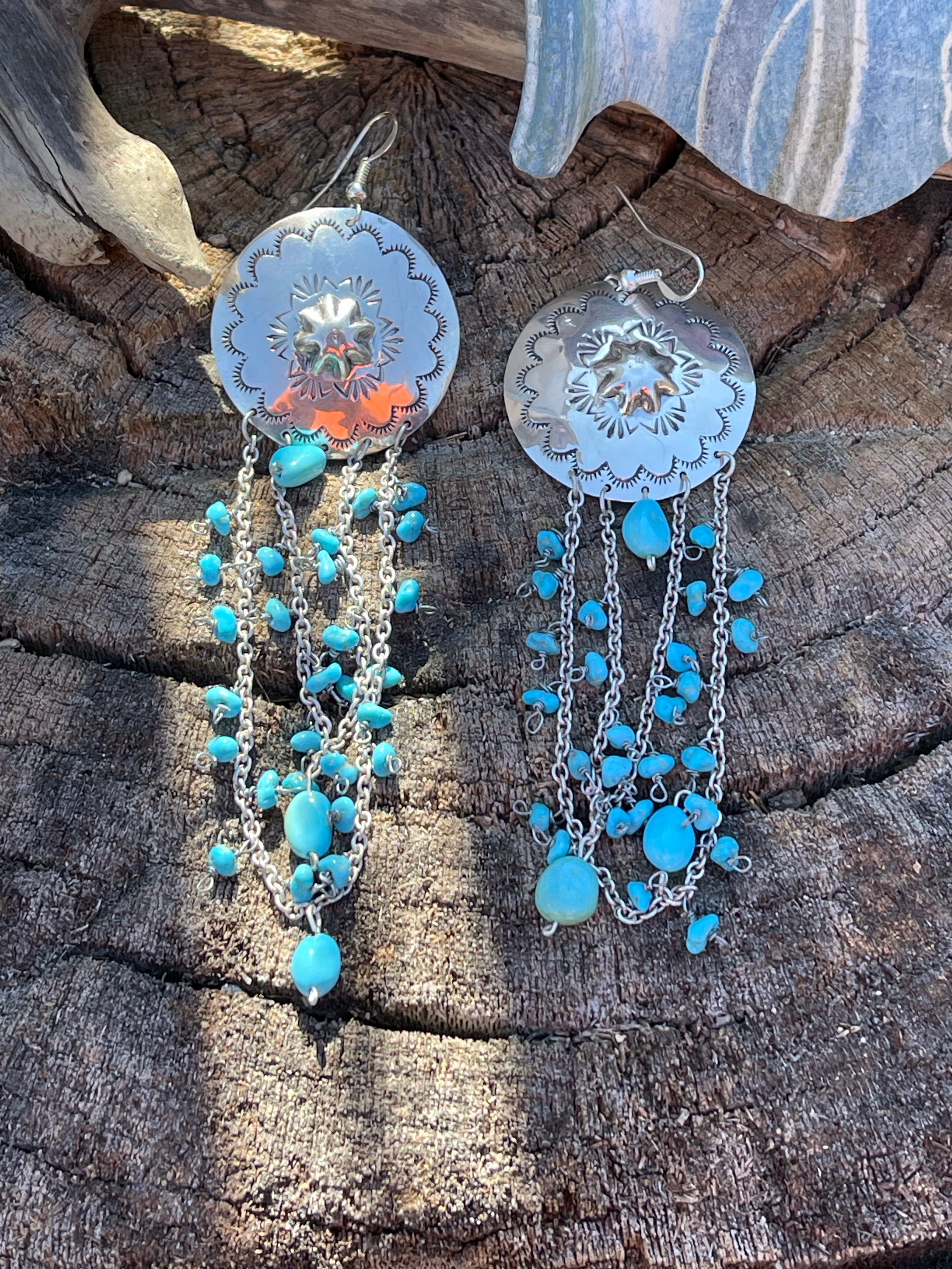 Sterling Silver Turquoise Concho Chain Dangle Earrings