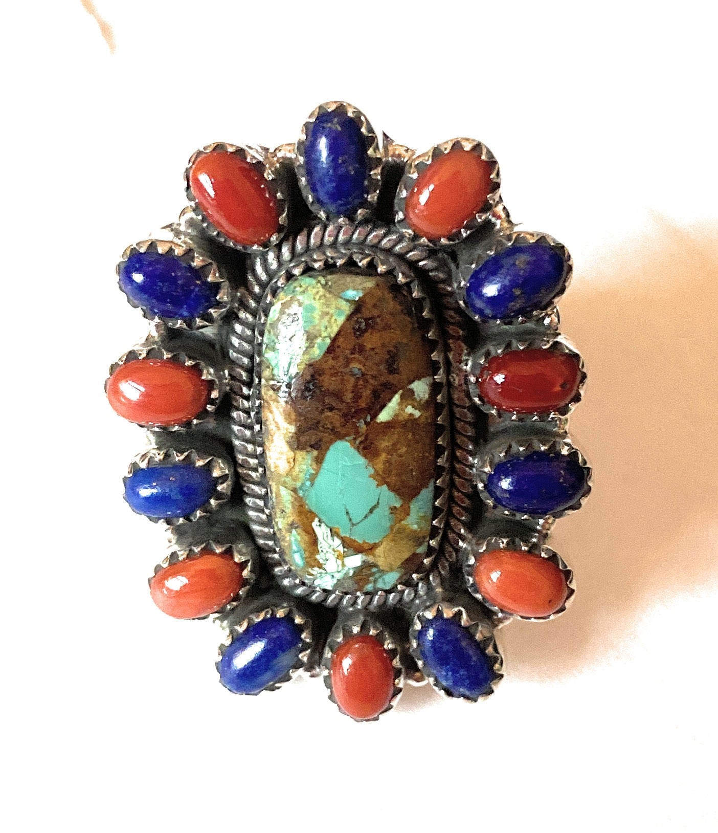 Handmade Sterling Silver, Turquoise, Coral & Lapis Cluster Adjustable Ring