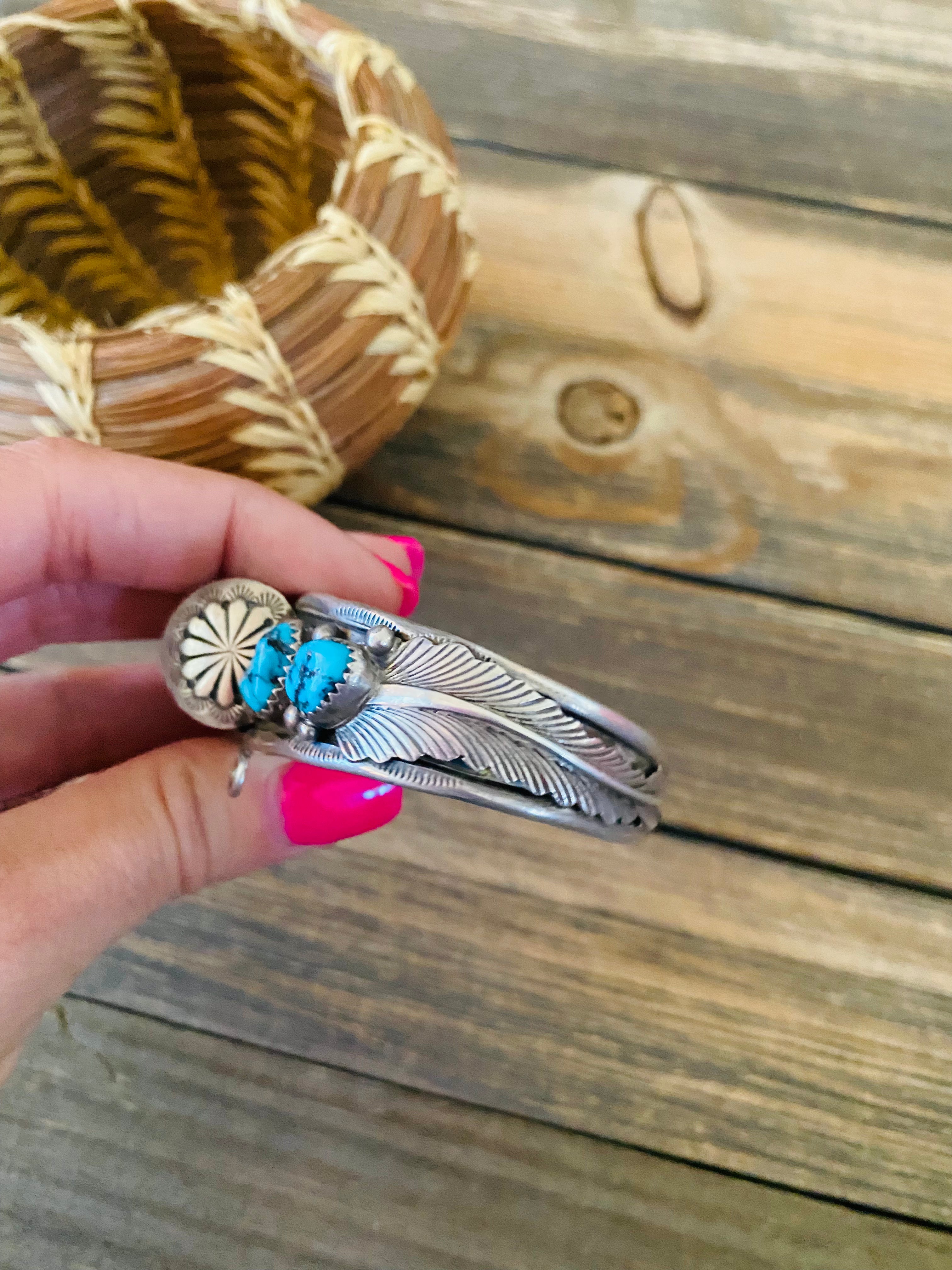 Old Pawn Vintage Navajo Turquoise & Sterling Silver Watch Cuff Signed