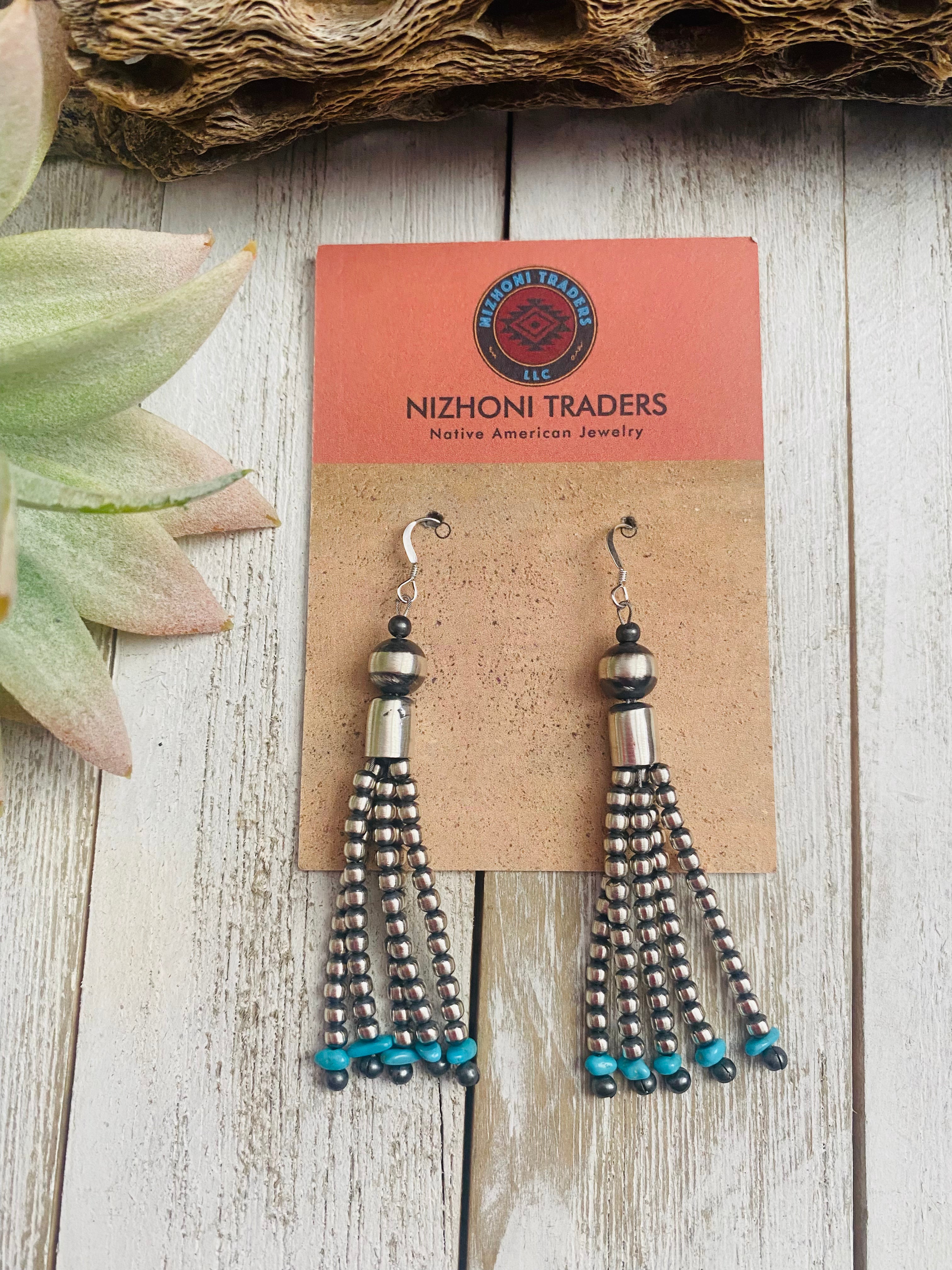 Handcrafted Turquoise & Sterling Silver Pearl Beaded Tassel Dangle Earrings
