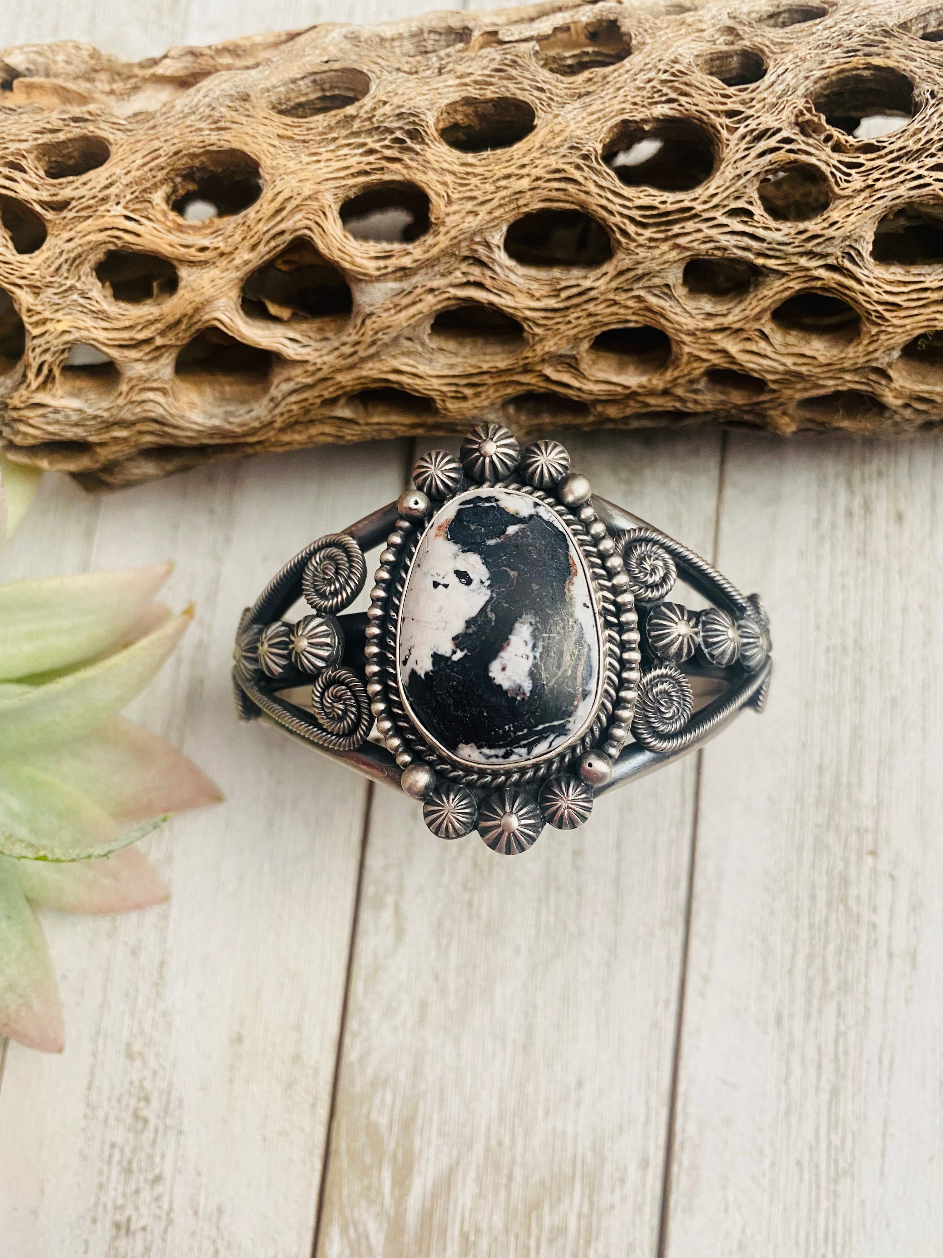 White Buffalo & Sterling Silver Cuff Bracelet Signed /