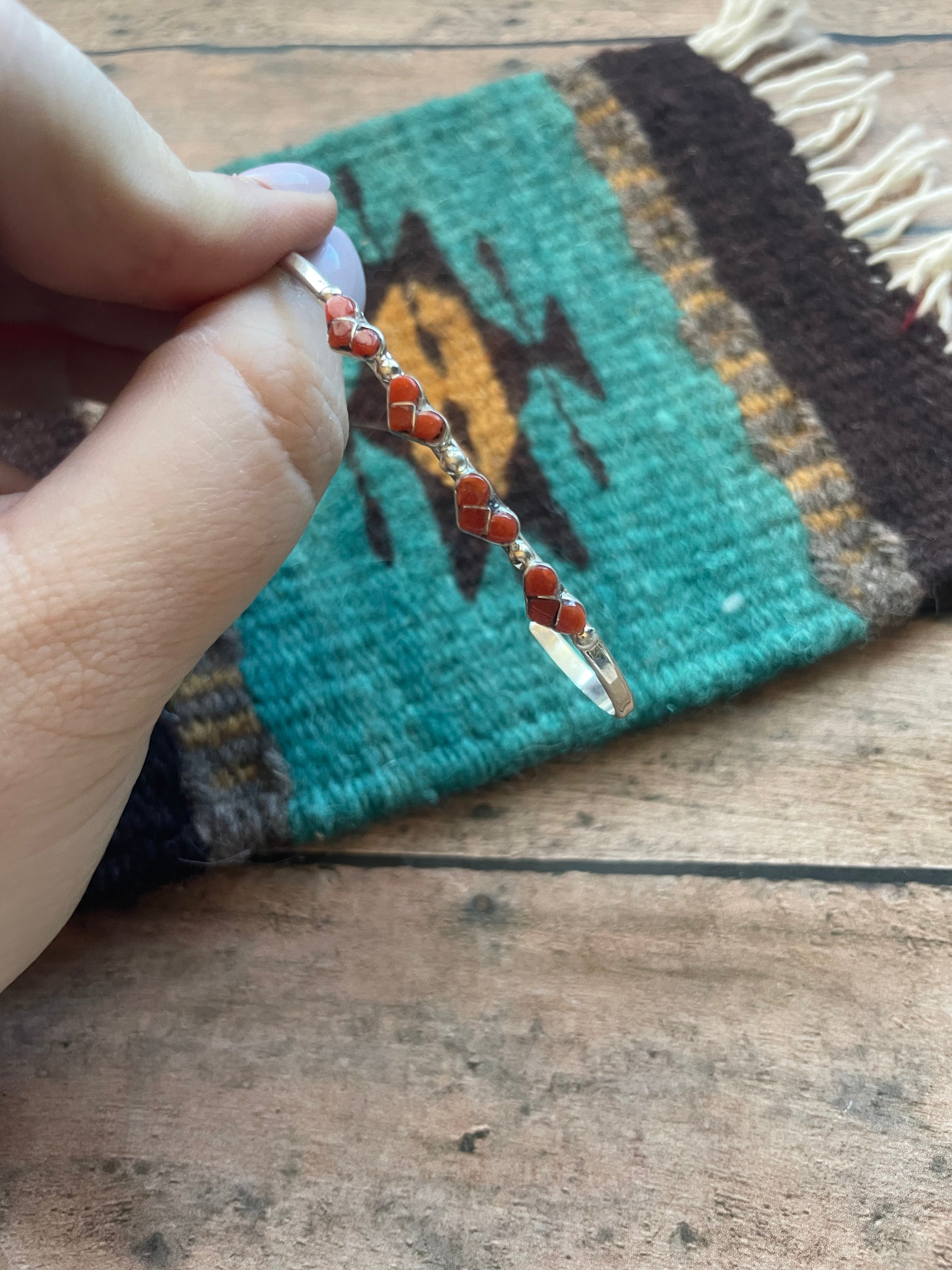 Handcrafted Sterling Silver & Coral Heart Adjustable Cuff Bracelet