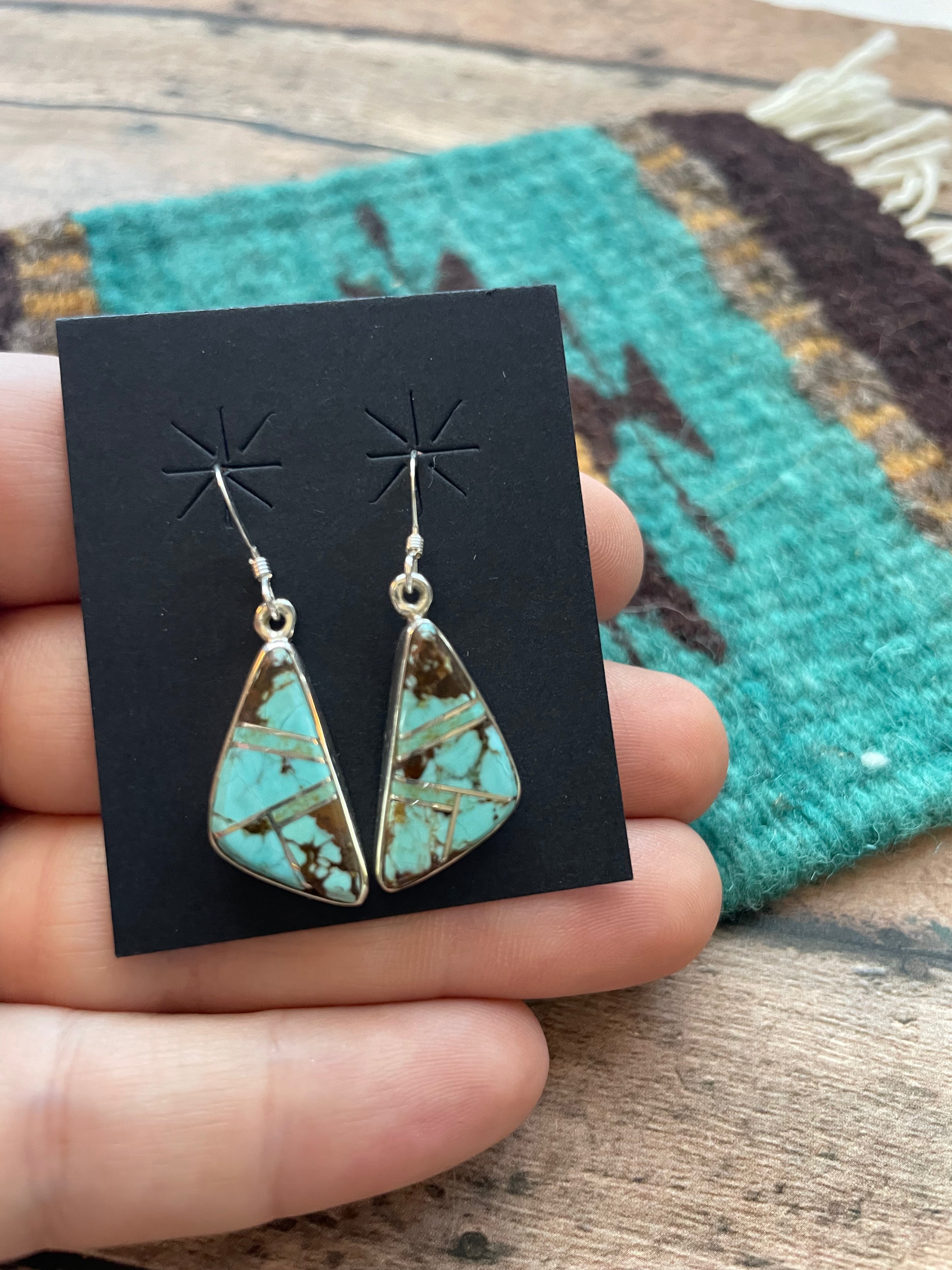 Navajo Number 8 Turquoise Inlay & Sterling Silver Dangle Earrings Signed