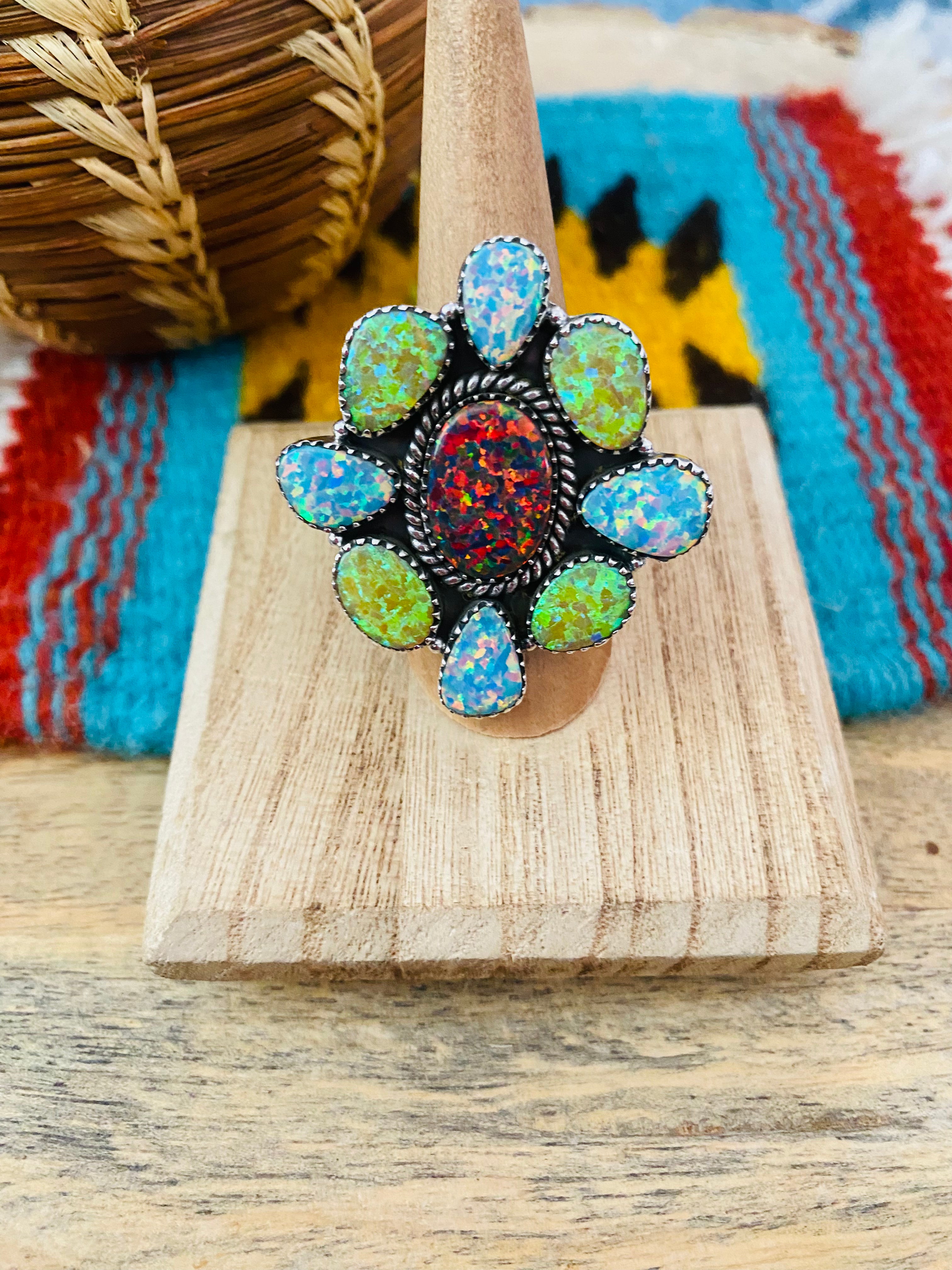 Handmade Sterling Silver & Opal Cluster Adjustable Ring