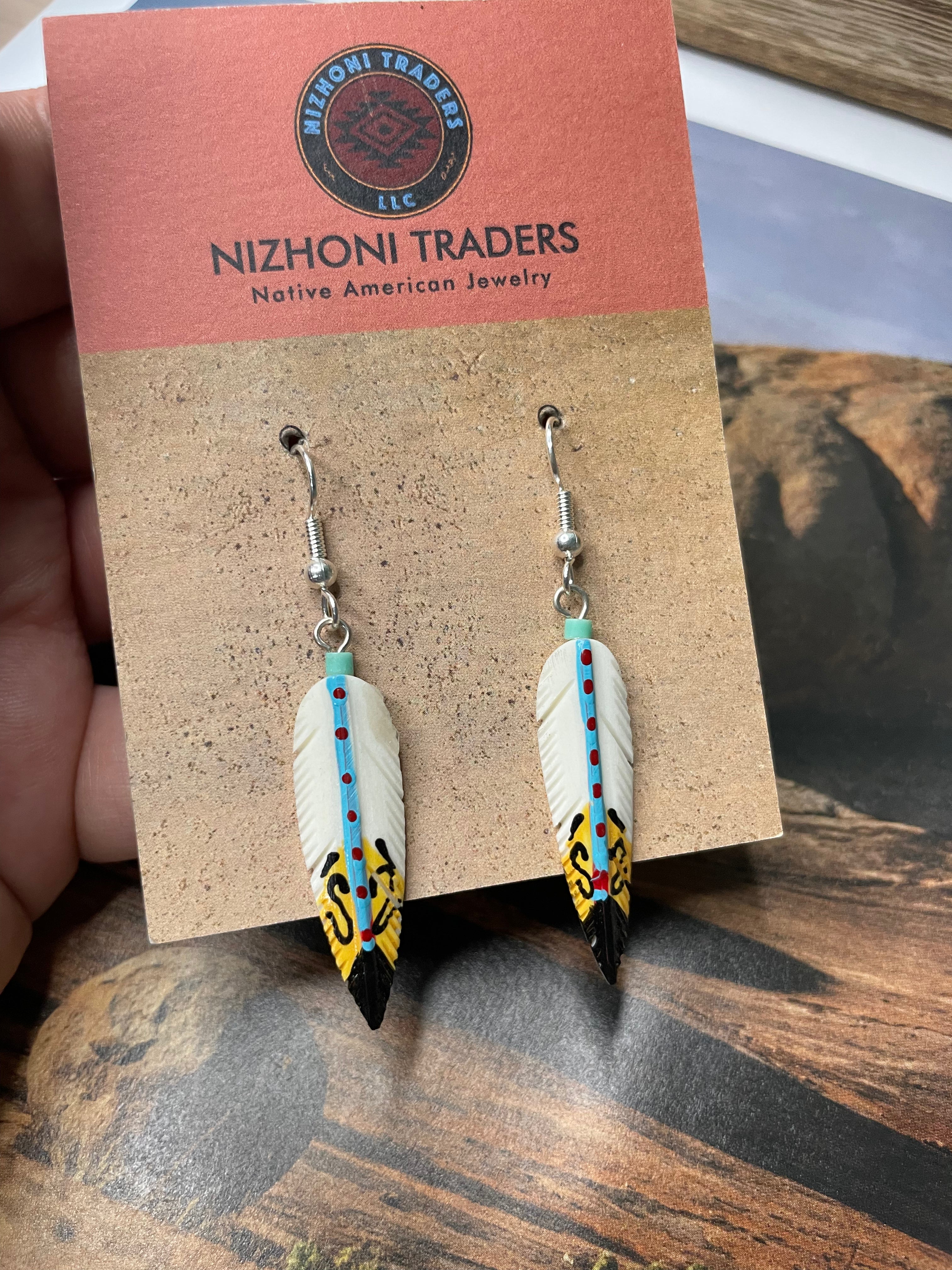 Handcrafted Feather Turquoise Sterling Silver Dangle Earrings