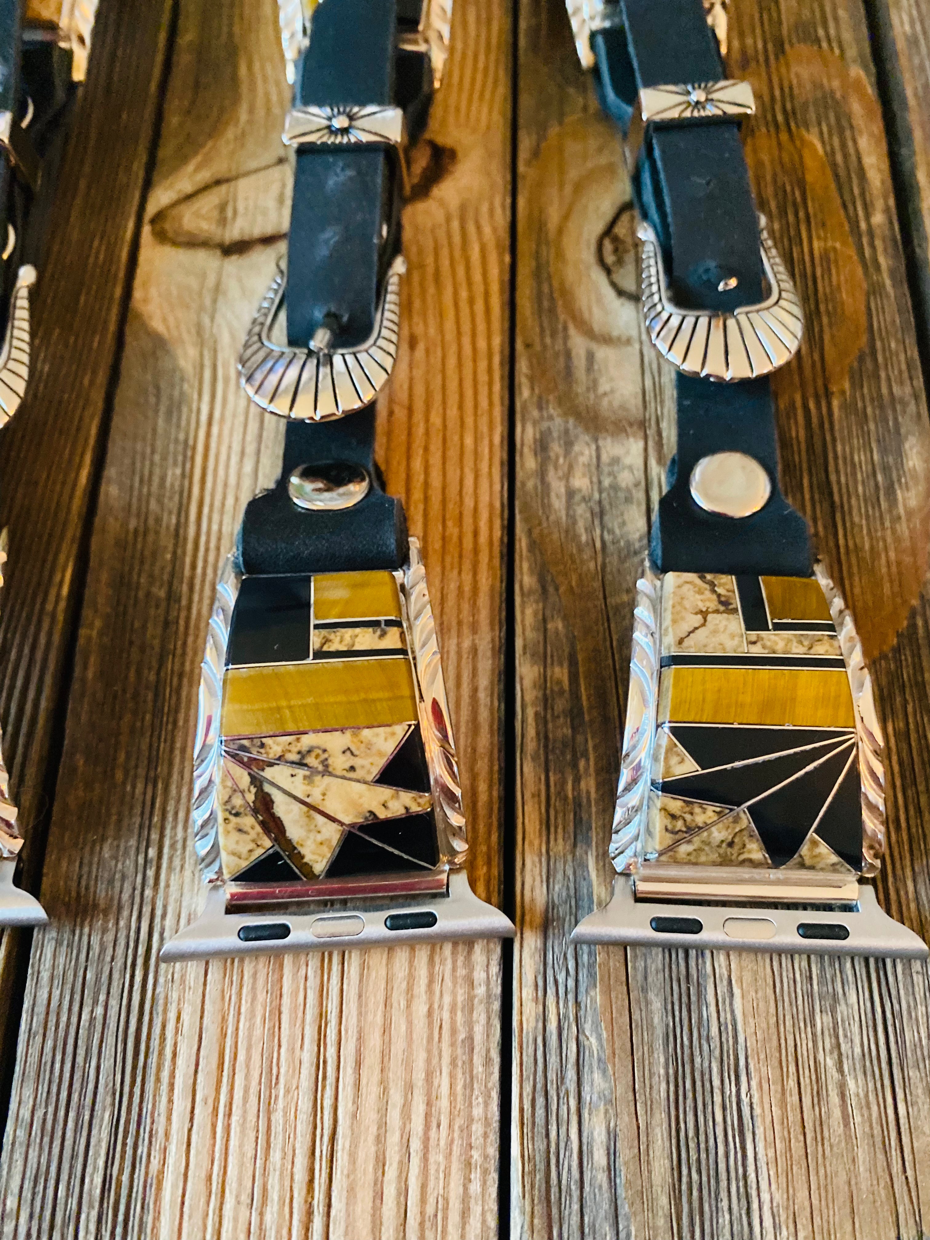 Handcrafted Multi Stone, Sterling Silver & Black Leather Smartphone Watch Band