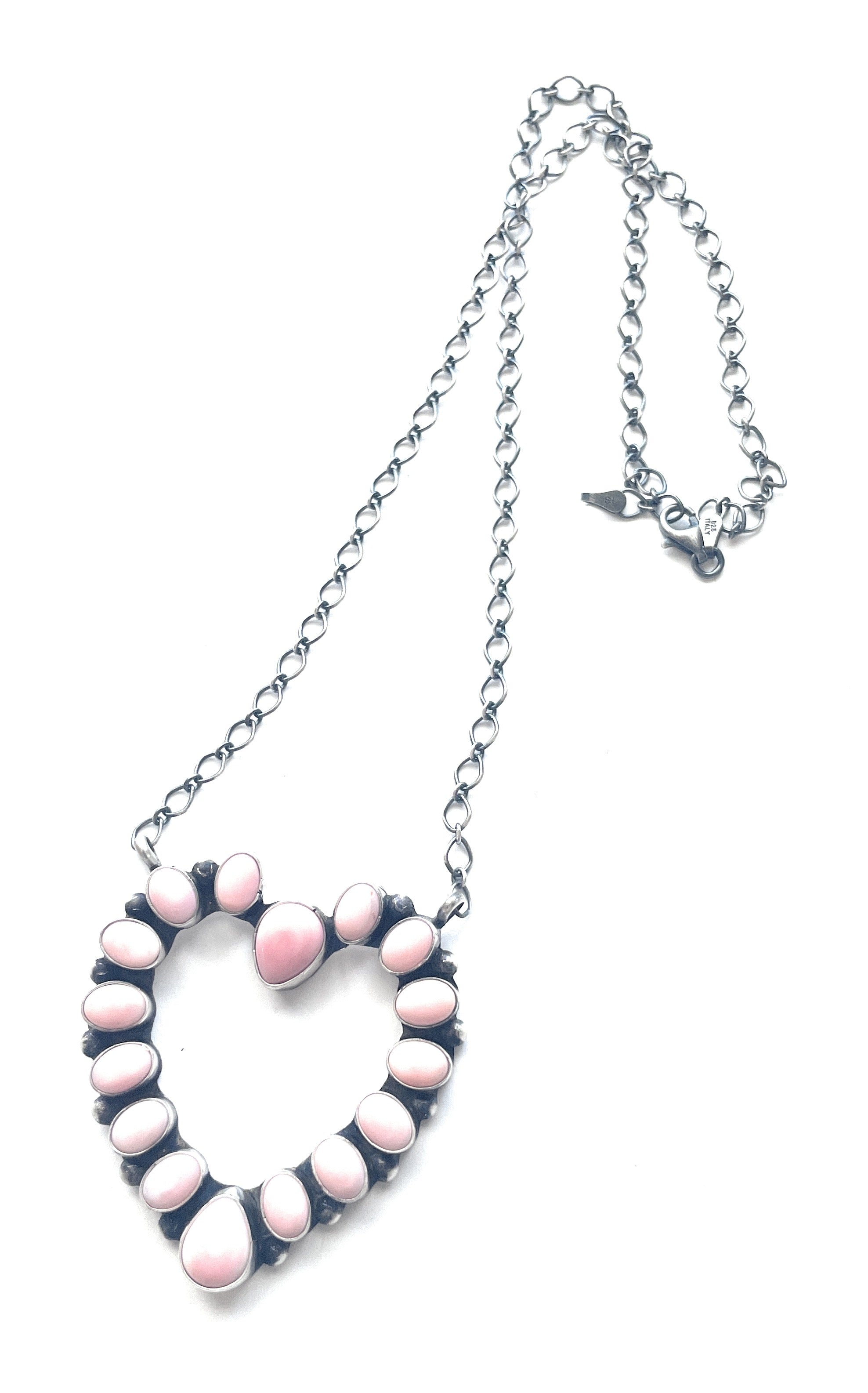 Handcrafted Queen Pink Conch Shell And Sterling Silver Heart Necklace Signed