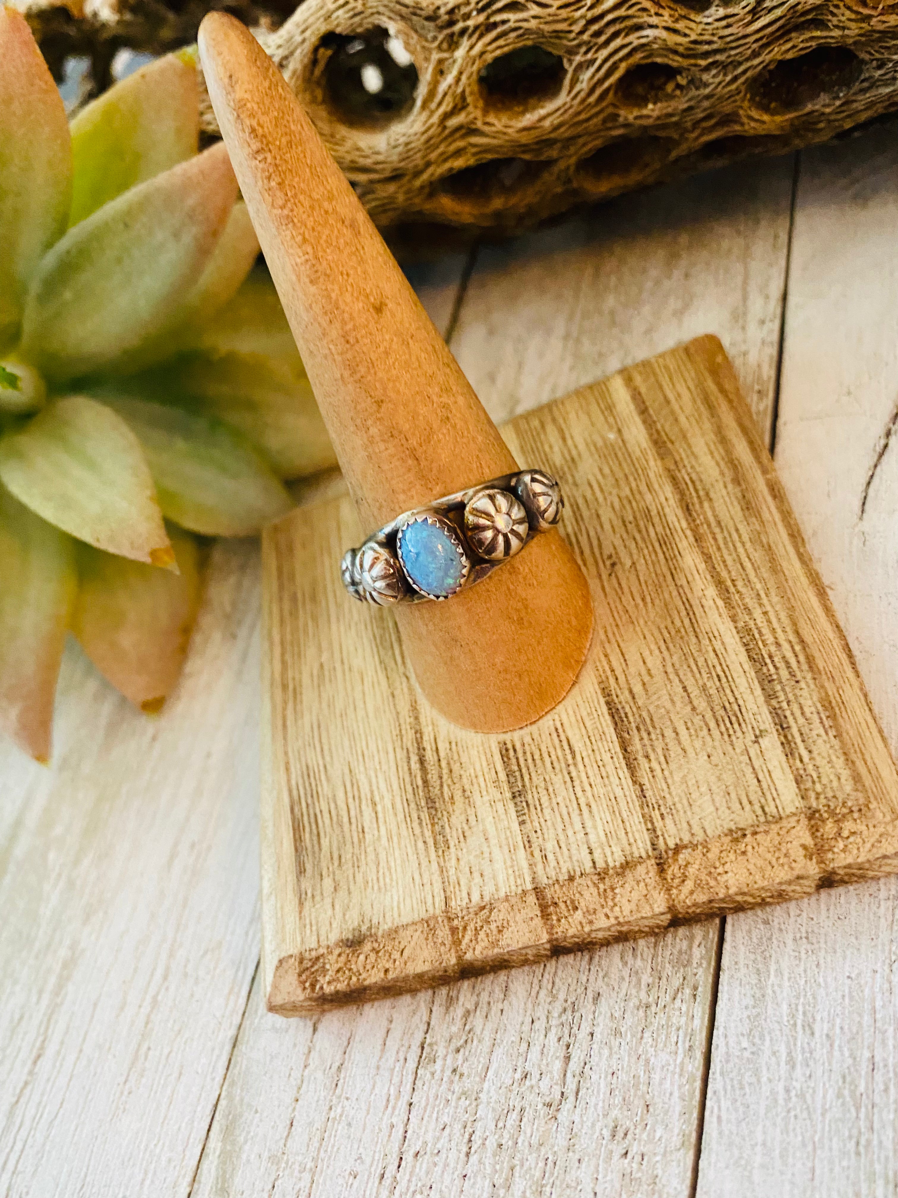 Handcrafted Blue Opal and Sterling Silver Concho Band Ring