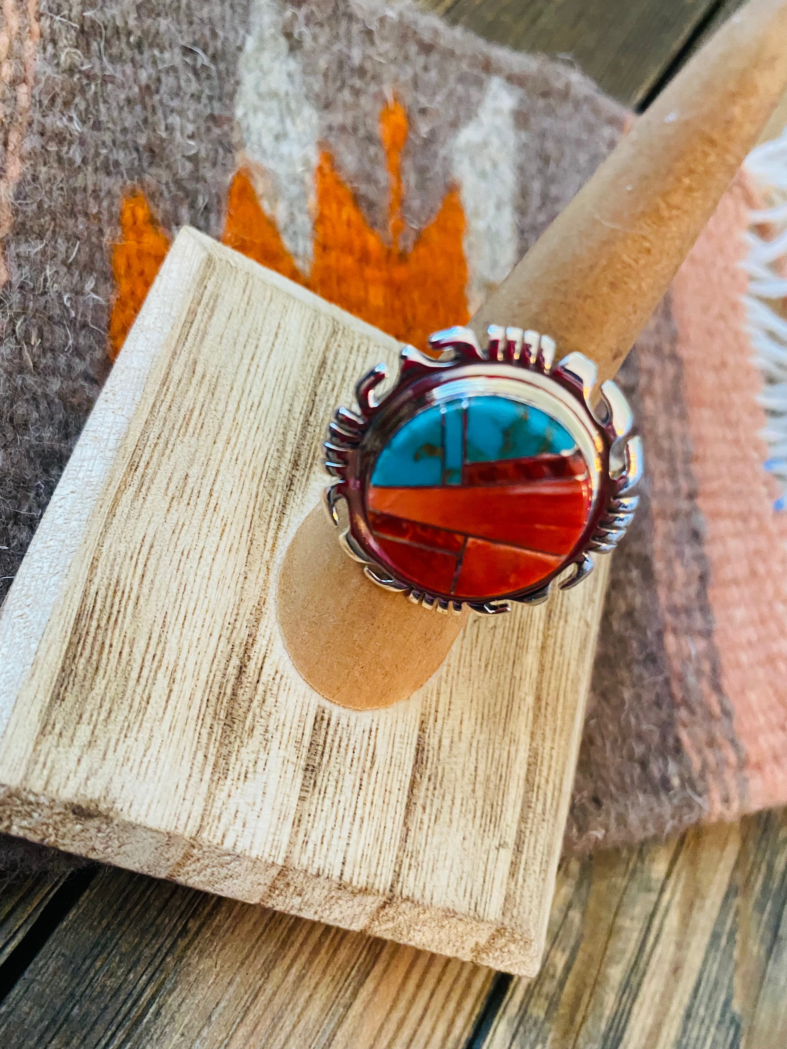 Navajo Sterling Silver, Orange Spiny & Turquoise Inlay Ring Size 6.5