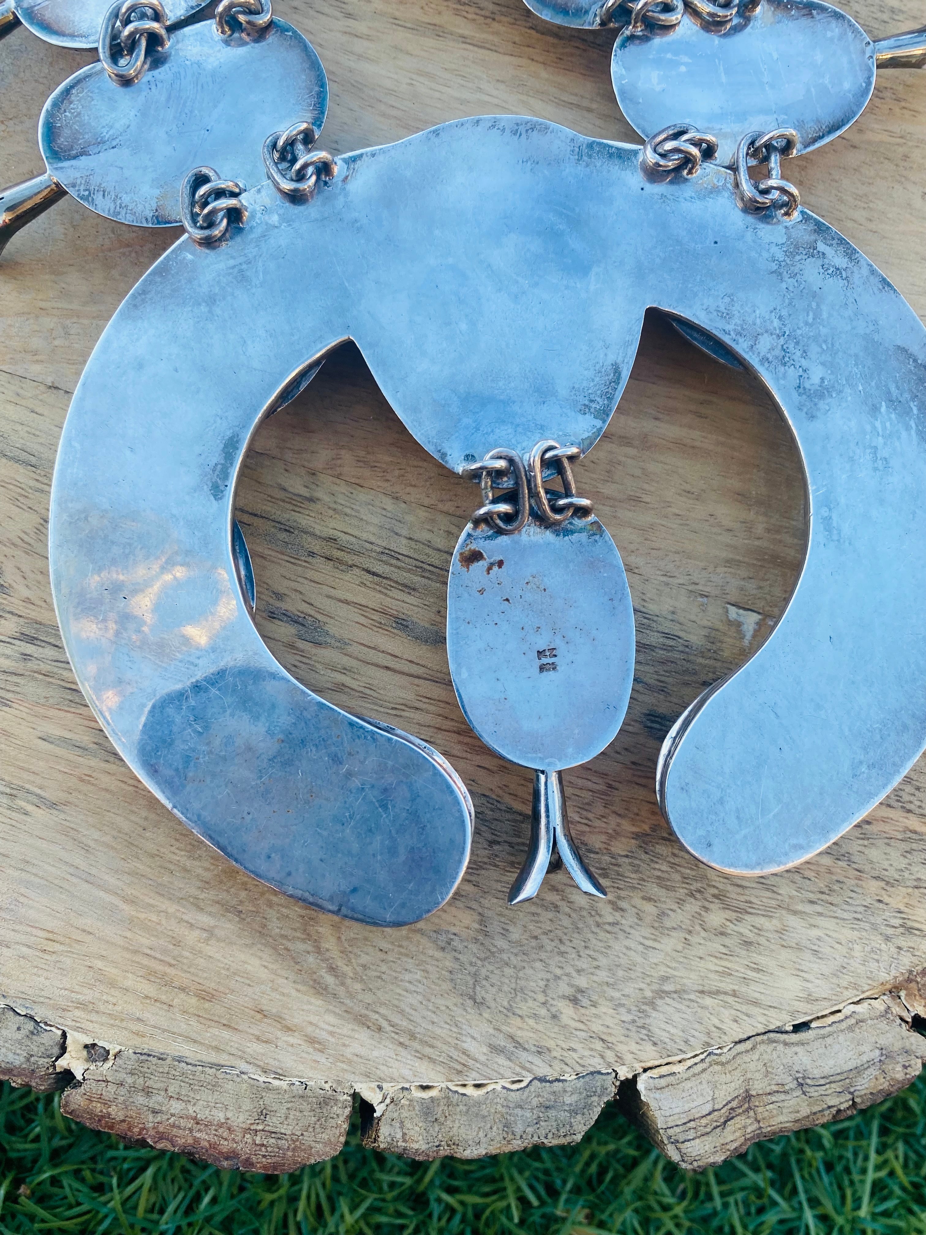 Handcrafted Vintage Kingman Turquoise & Sterling Silver Squash Blossom Necklace