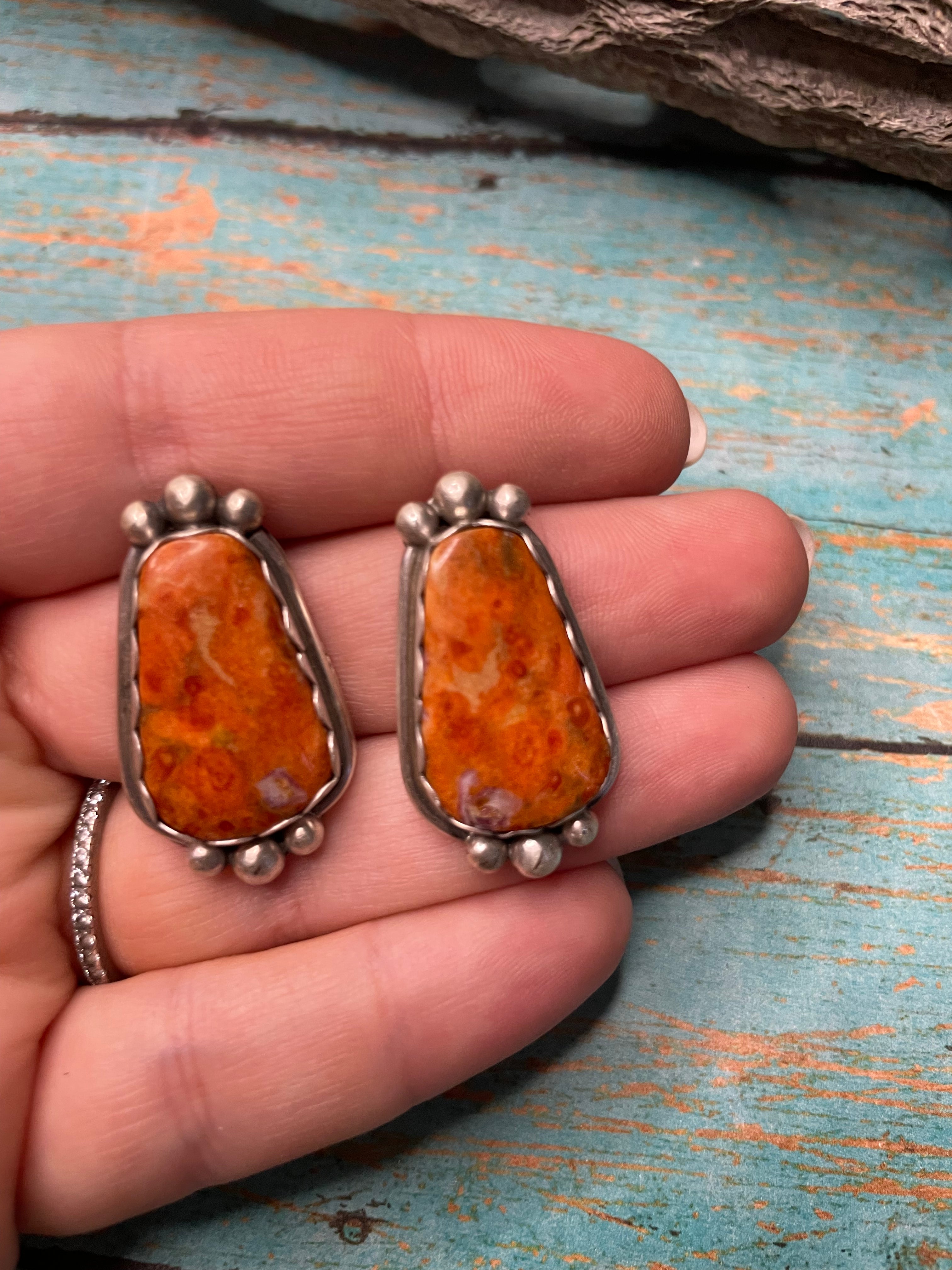 Navajo Apple Coral And Sterling Silver Post Earrings Signed