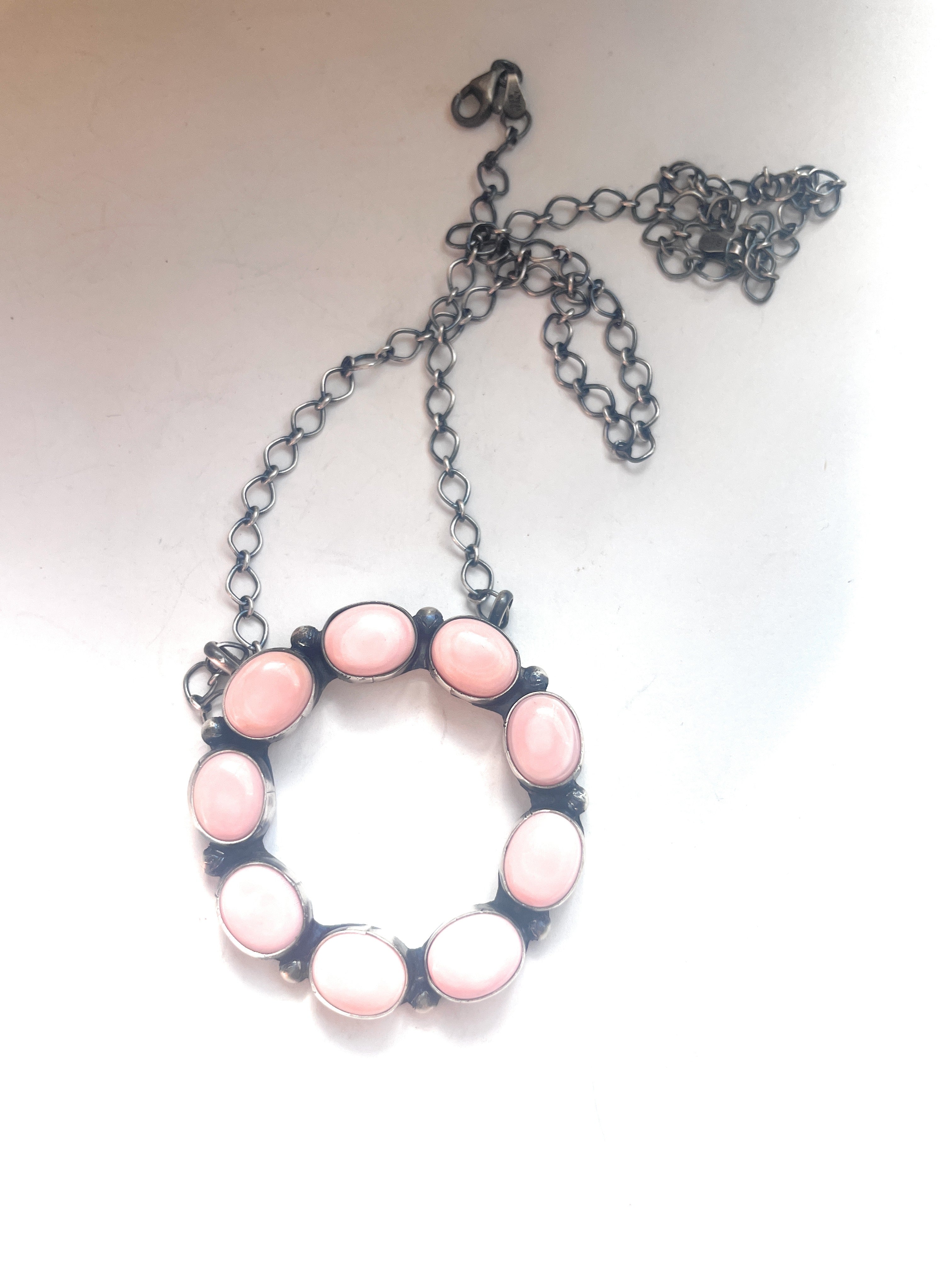 Handcrafted Queen Pink Conch Shell And Sterling Silver Circle Necklace Signed
