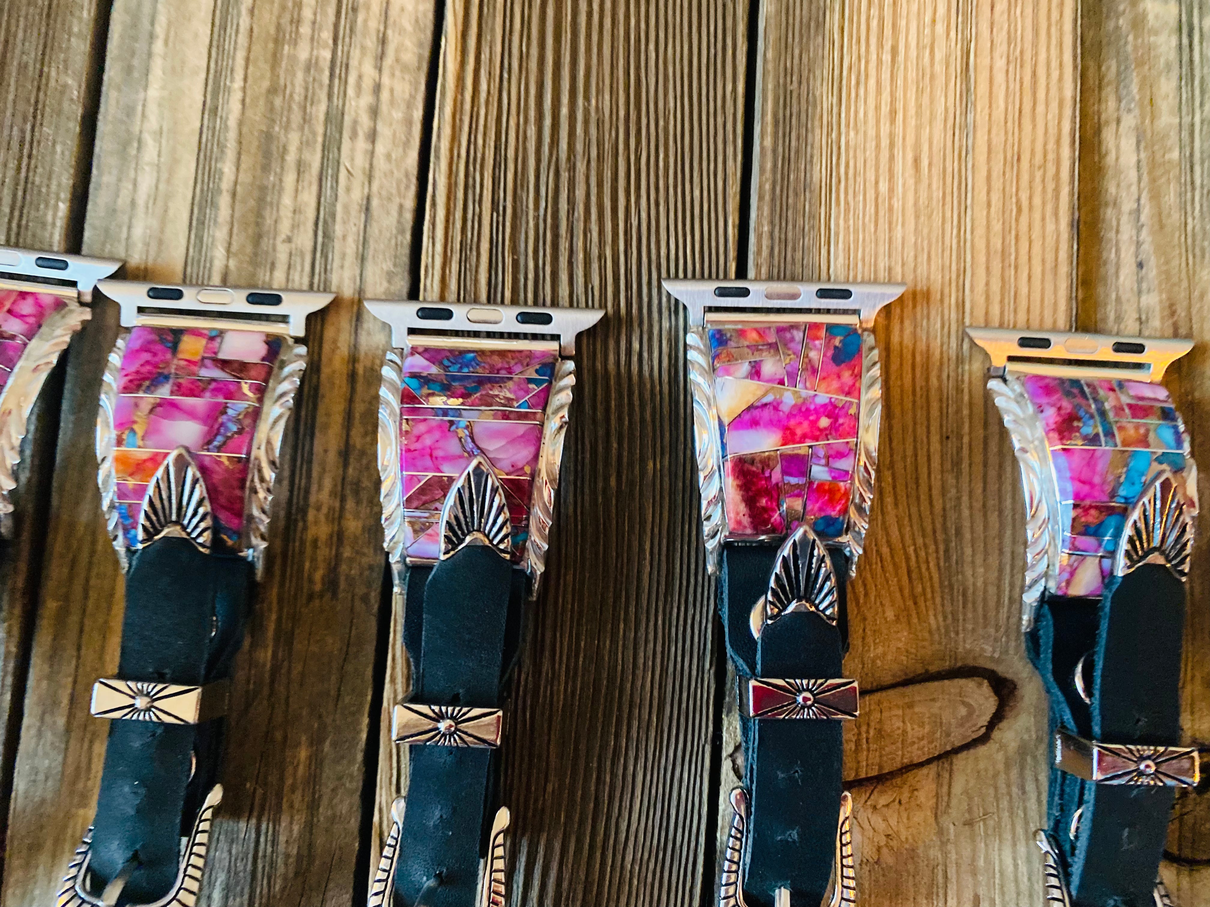 Navajo Pink Dream Mohave, Sterling Silver & Black Leather Smartphone Watch Band