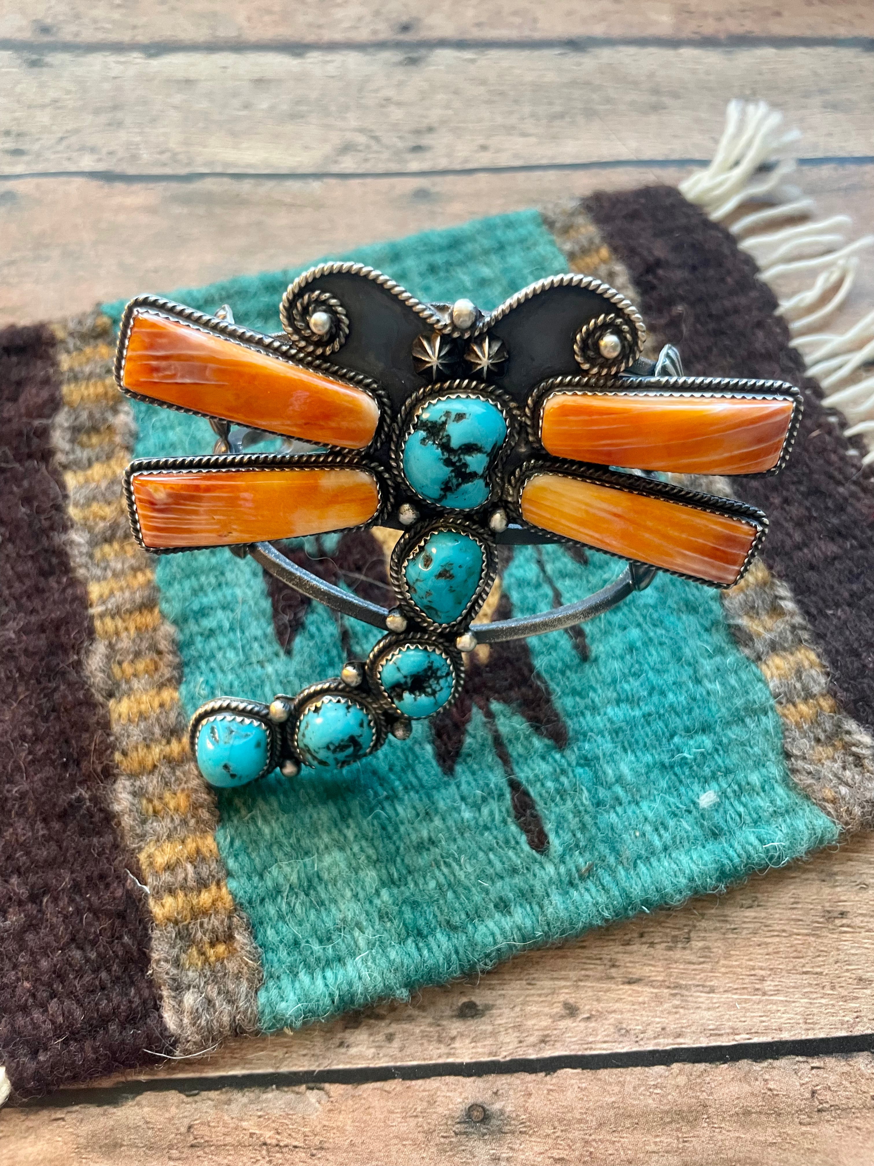 Navajo Kingman Turquoise, Spiny & Sterling Silver Dragonfly Cuff Bracelet Signed Kevin Billah