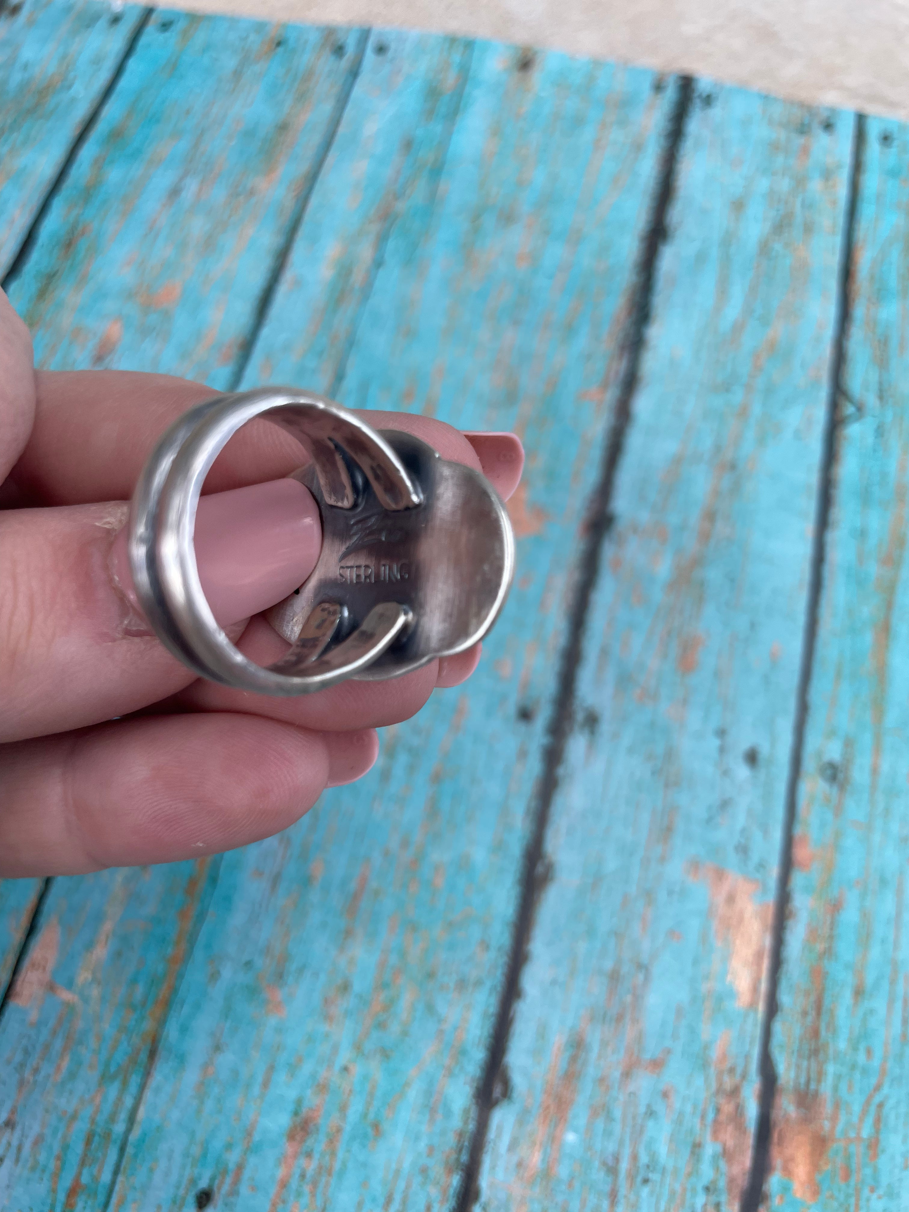 Navajo Sonoran Mountain Turquoise And Sterling Silver Statement Ring Size 9