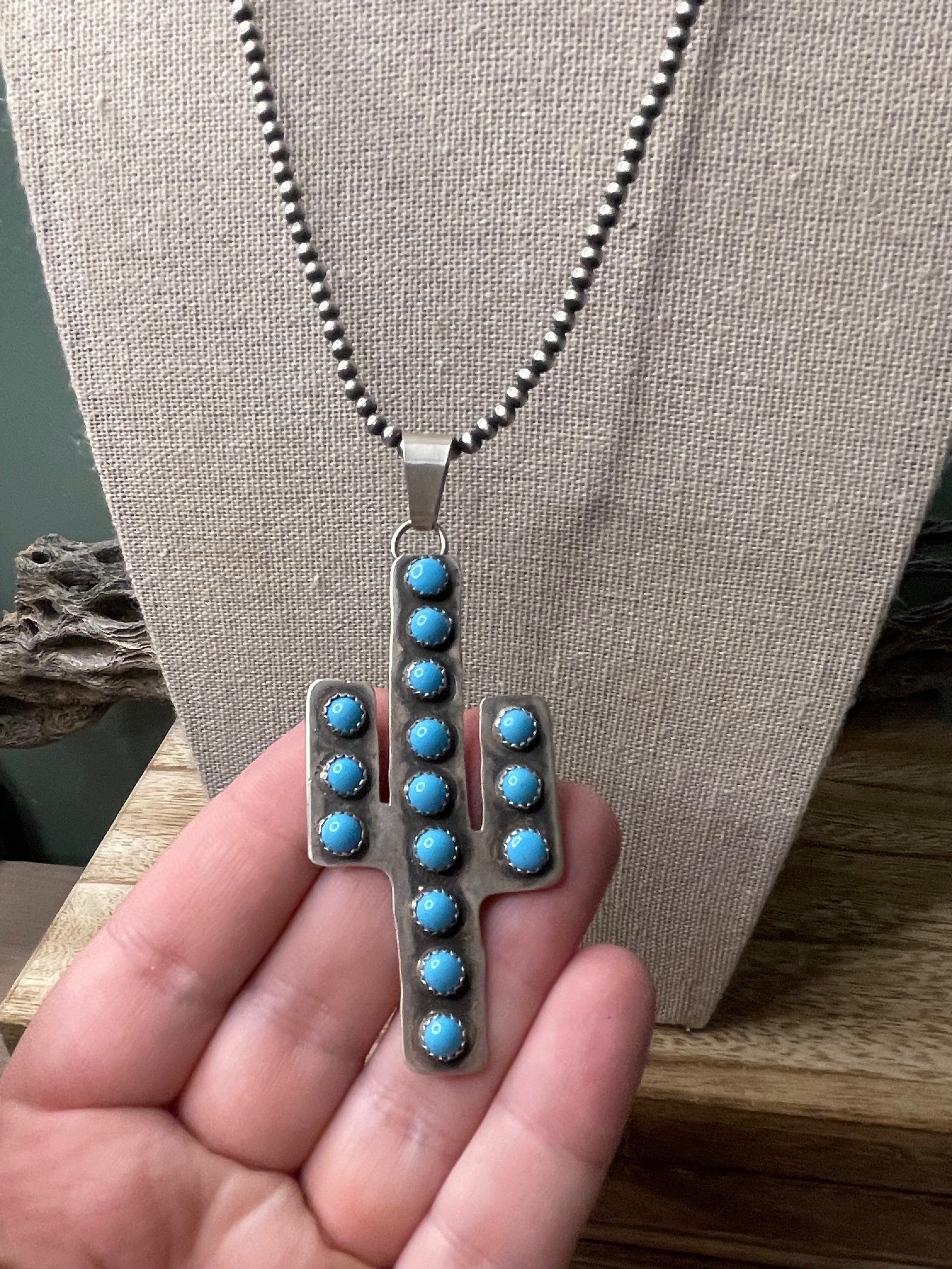 Handcrafted Sterling Silver & Turquoise Cactus Necklace