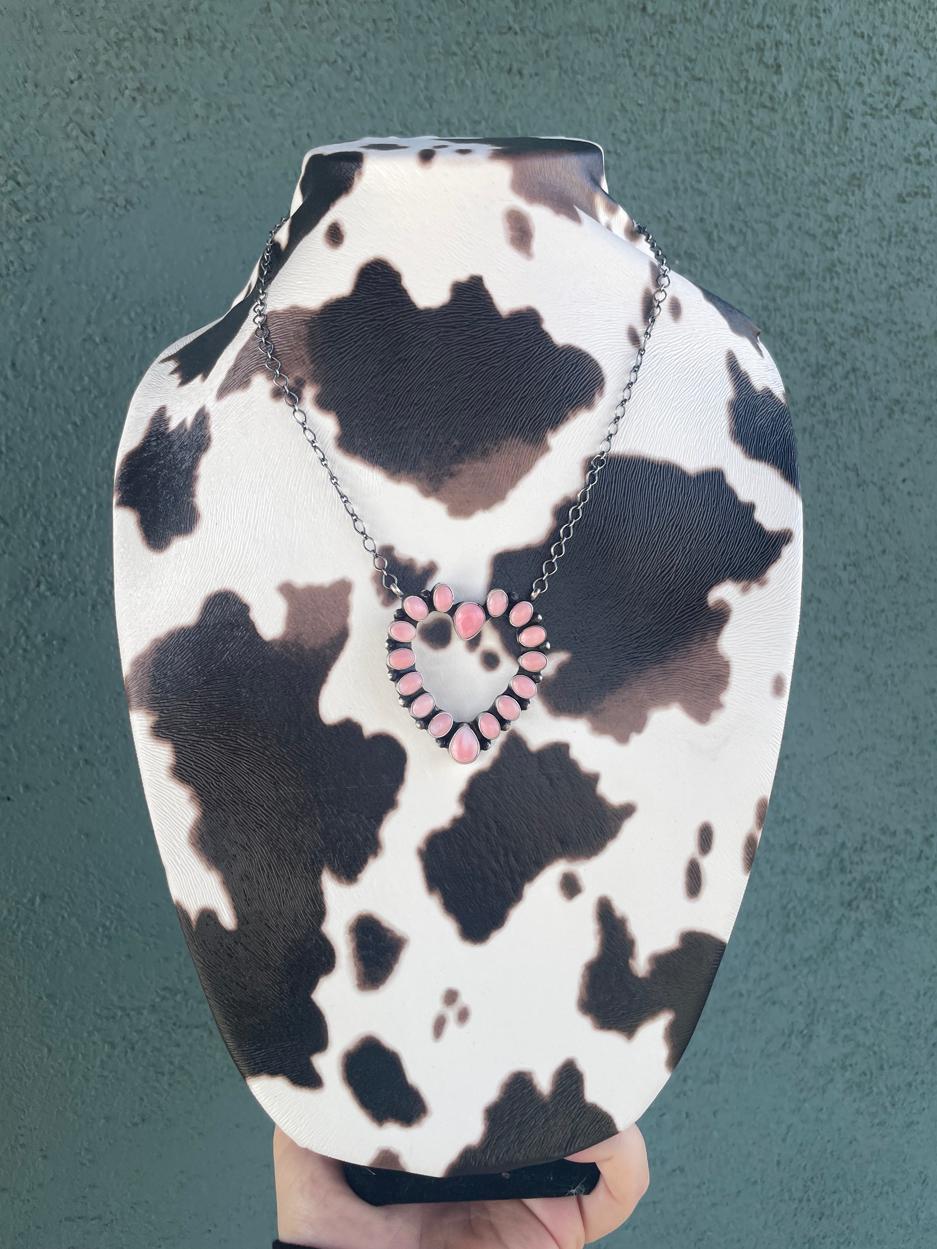 Handcrafted Queen Pink Conch Shell And Sterling Silver Heart Necklace Signed