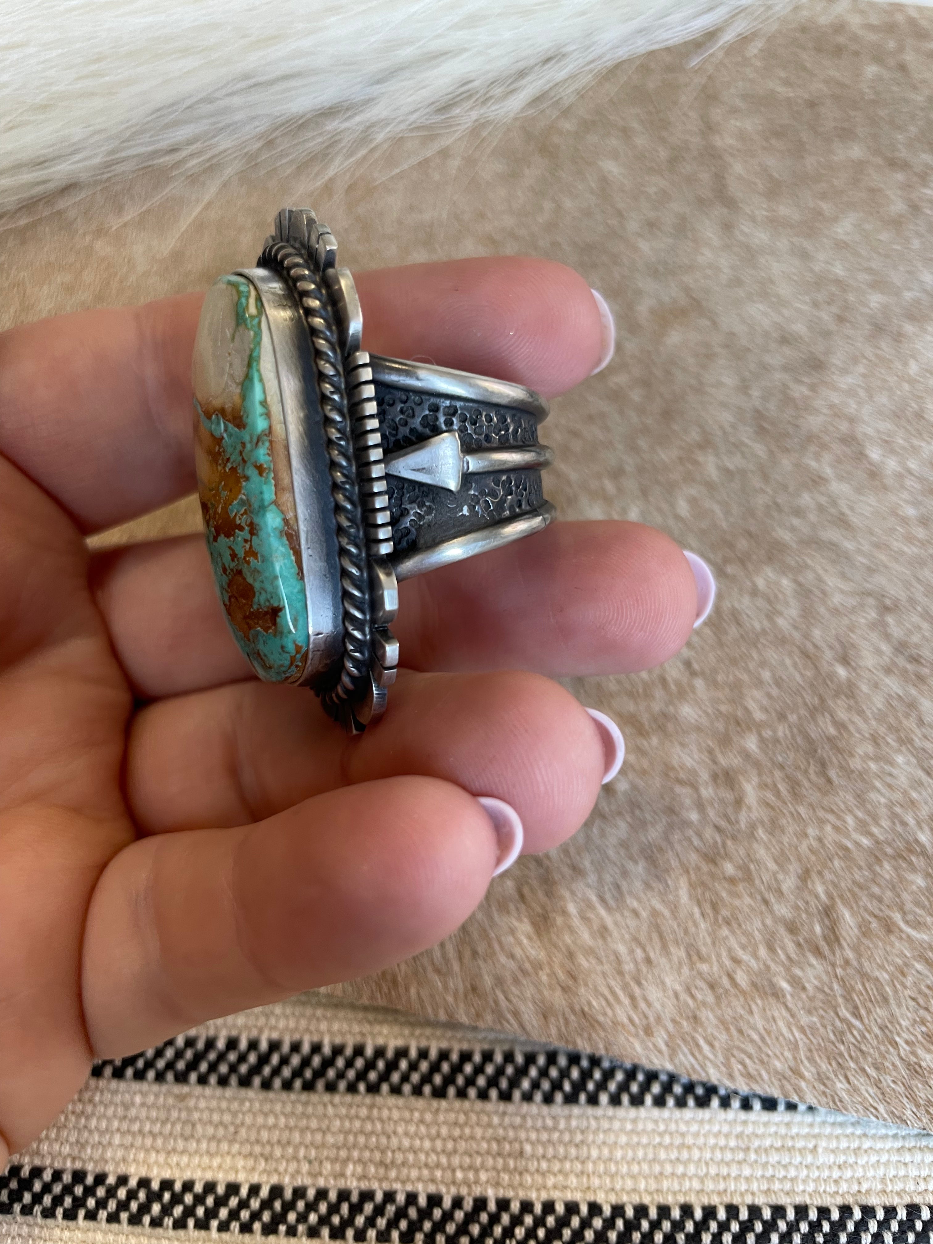 Navajo Turquoise & Sterling Silver Ring Size 8.5 Signed Russell Sam
