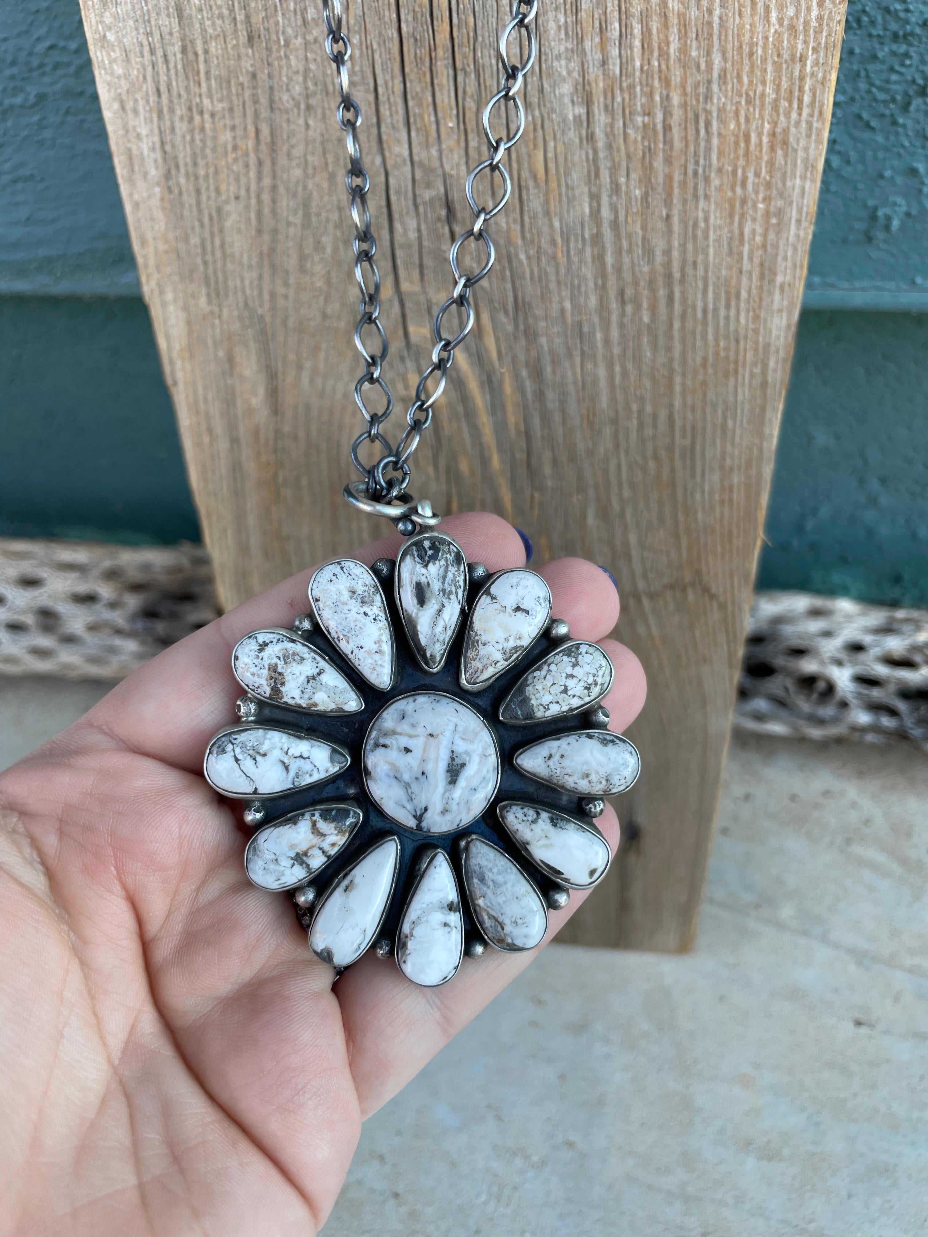 Navajo Sterling Silver And White Buffalo Cluster Necklace By Ella Peter