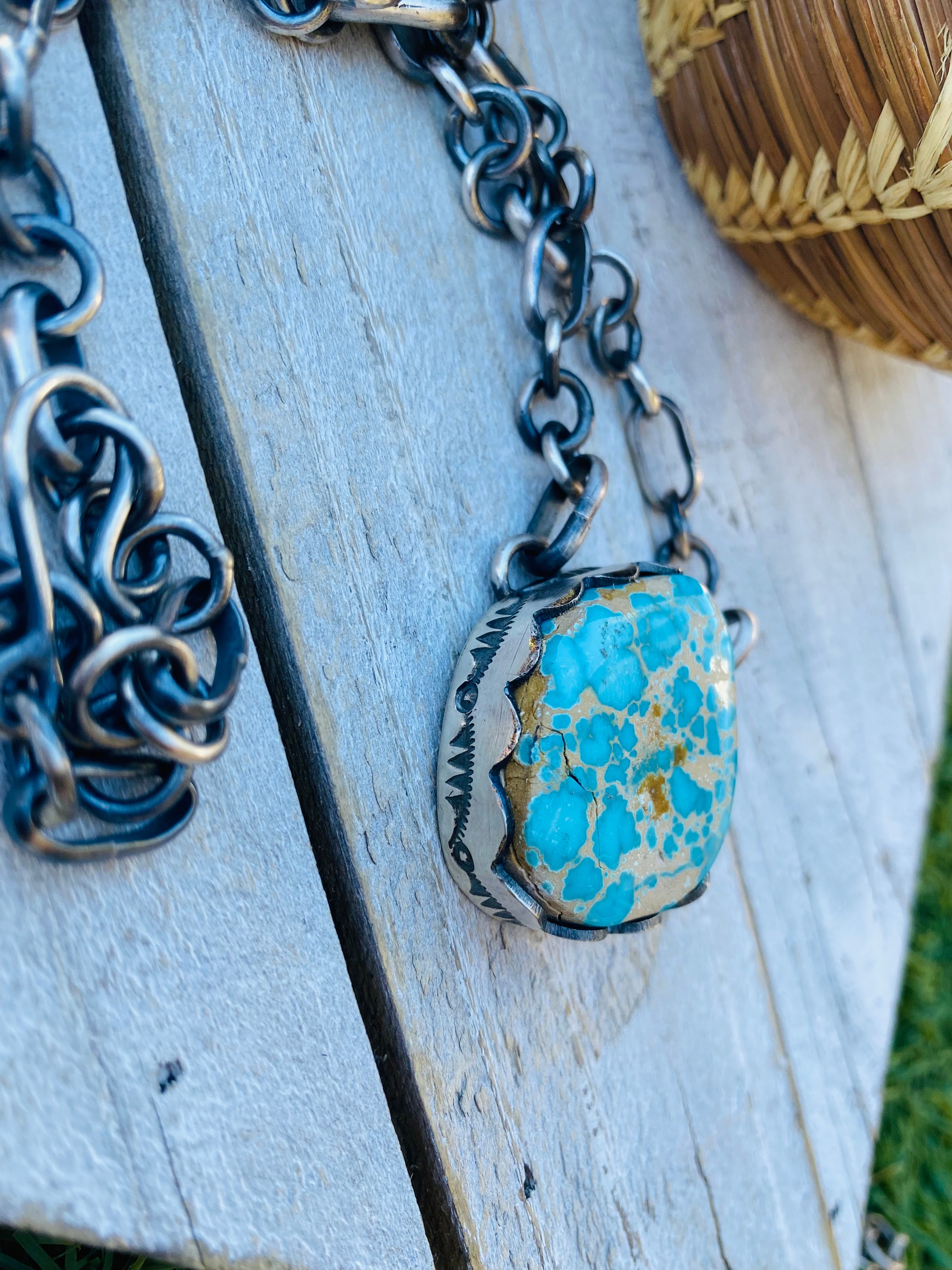 Handcrafted Number 8 Turquoise & Sterling Silver Necklace Signed