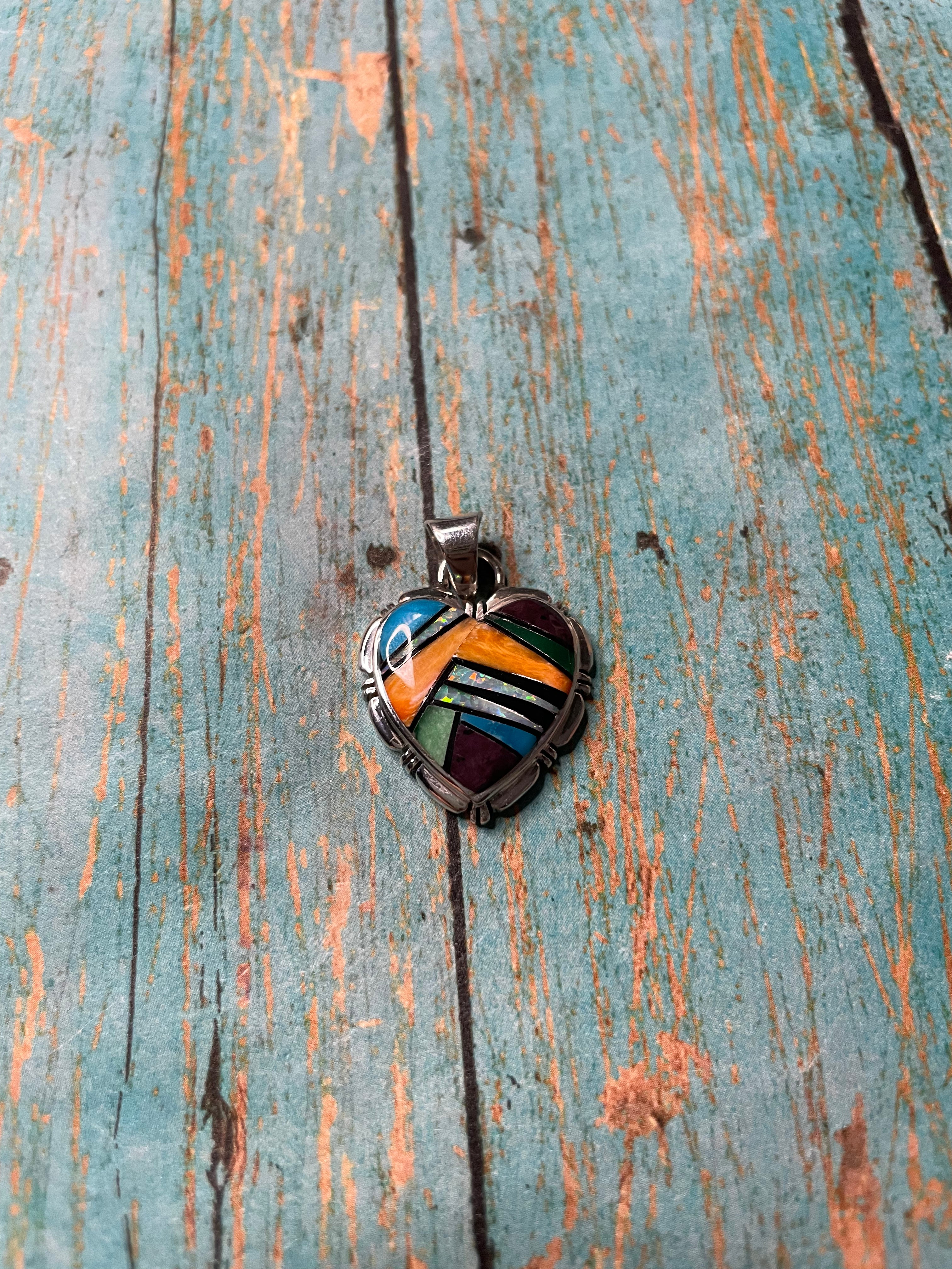 Zuni Sterling Silver And Multi Stone Inlay Pendant